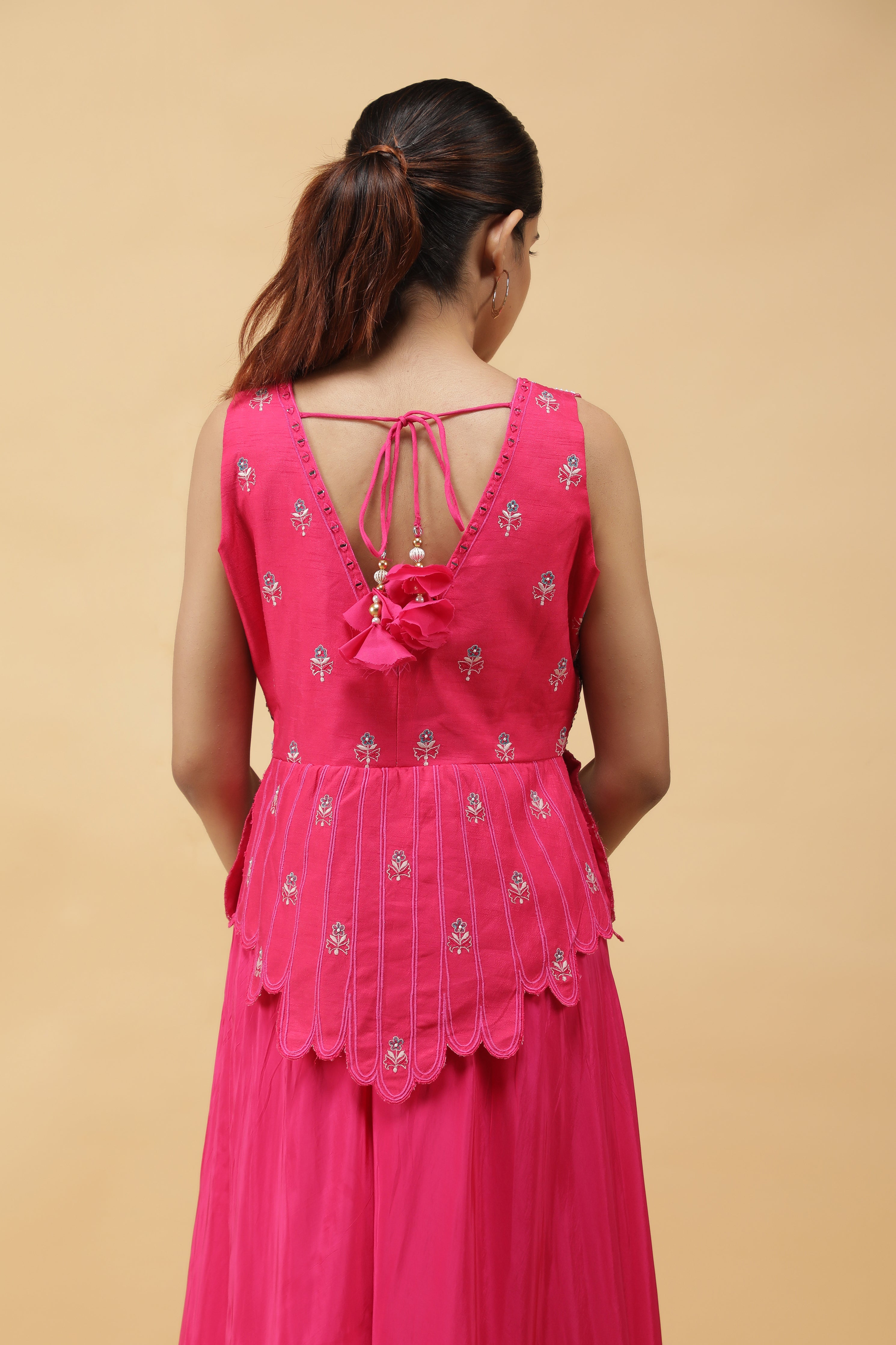 Fuchsia Petal Appliqué Silk Top & Palazzo Pant Set