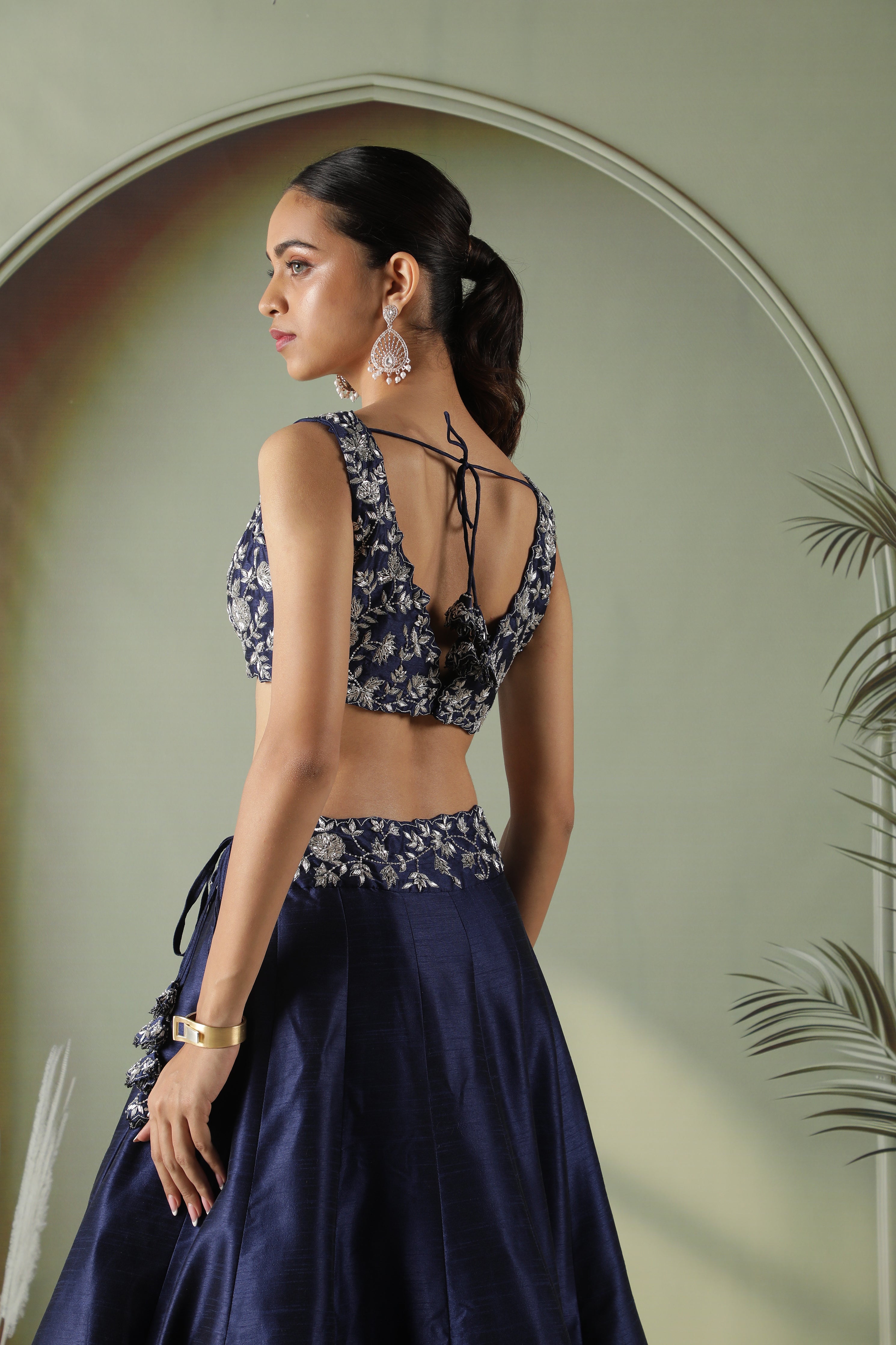 Navy Blue Raw Silk Embroidered Lehenga Set