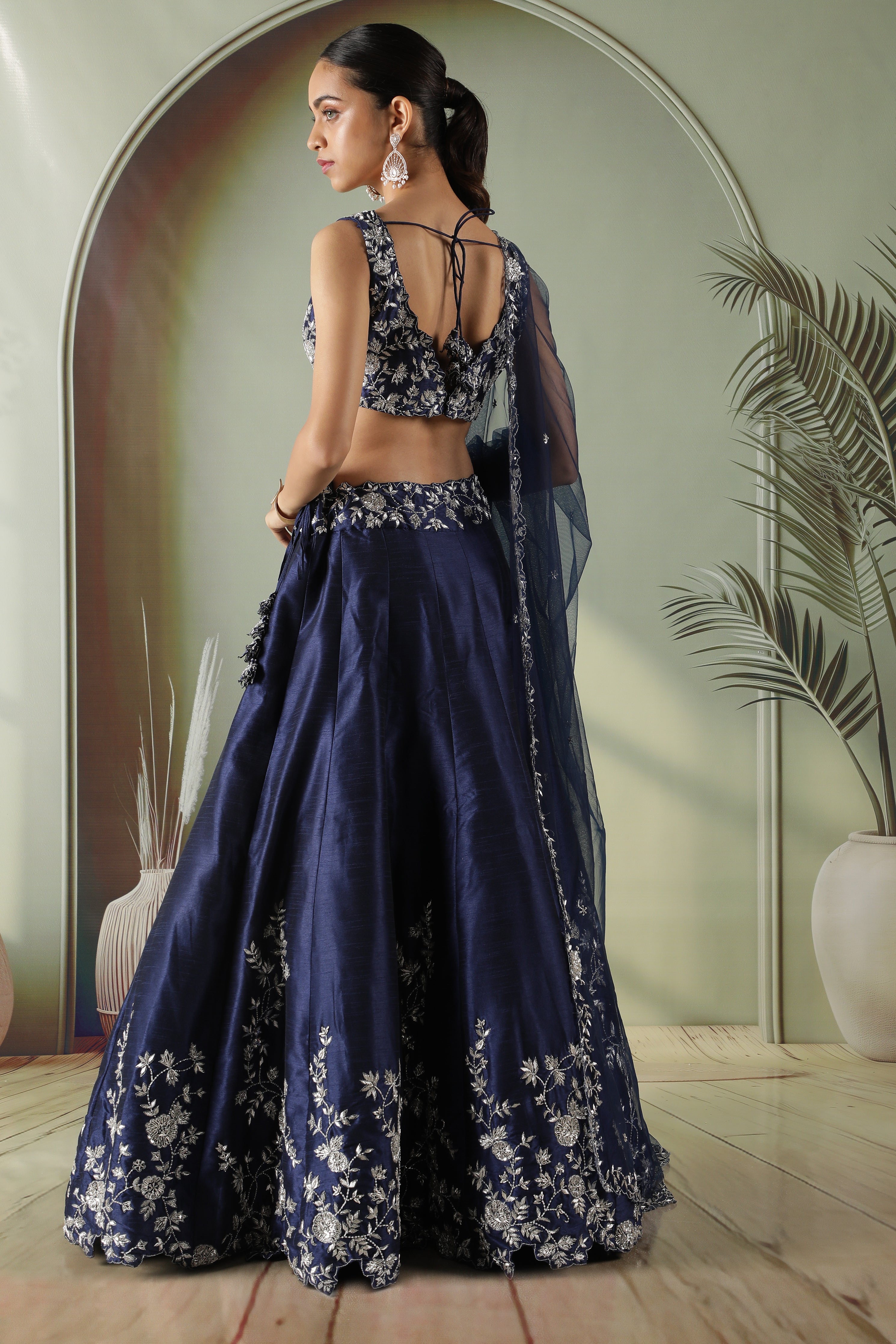 Navy Blue Raw Silk Embroidered Lehenga Set