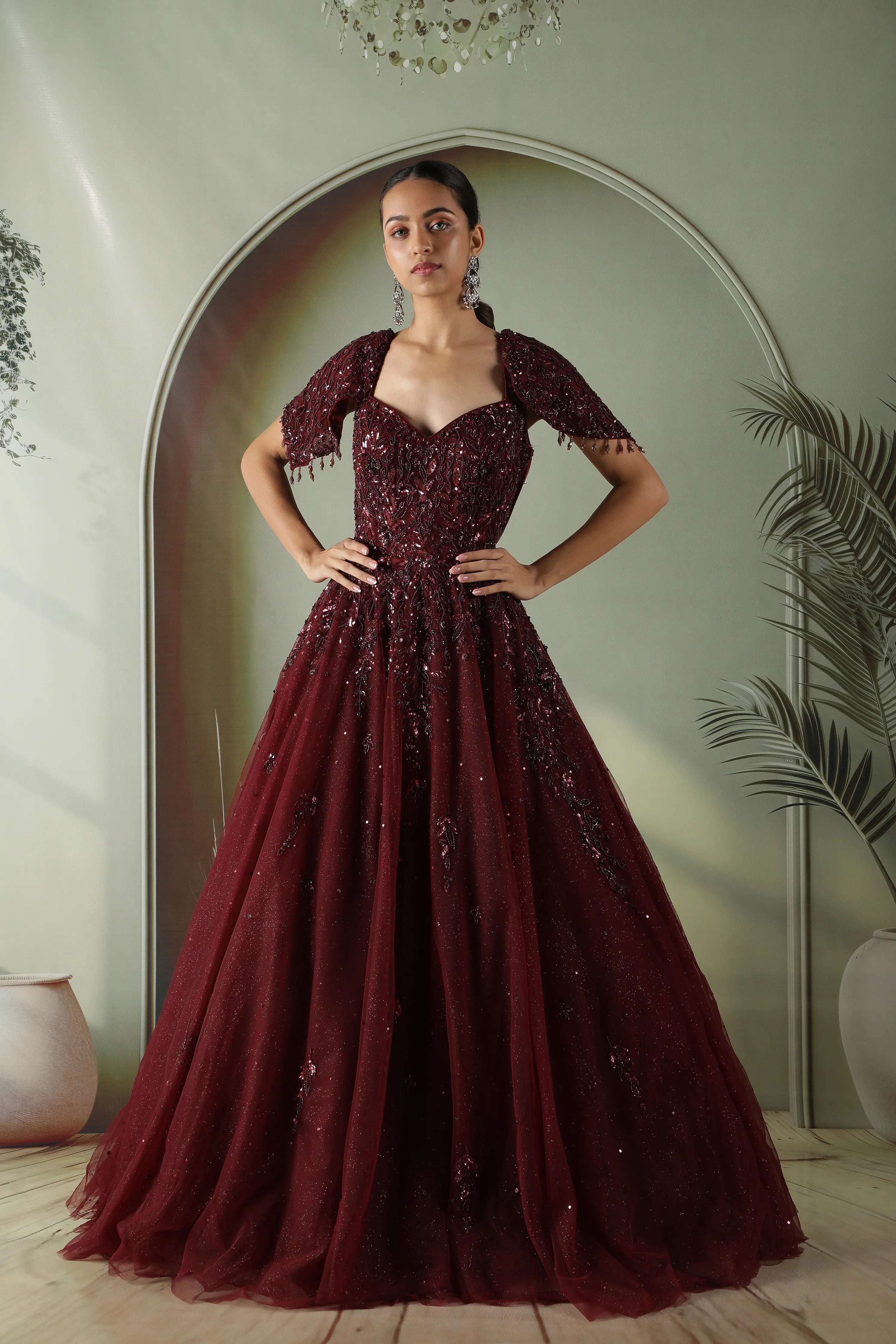 Maroon Net Gown with Sequin, Pearl & Cutdana Embroidery | Mokshaa