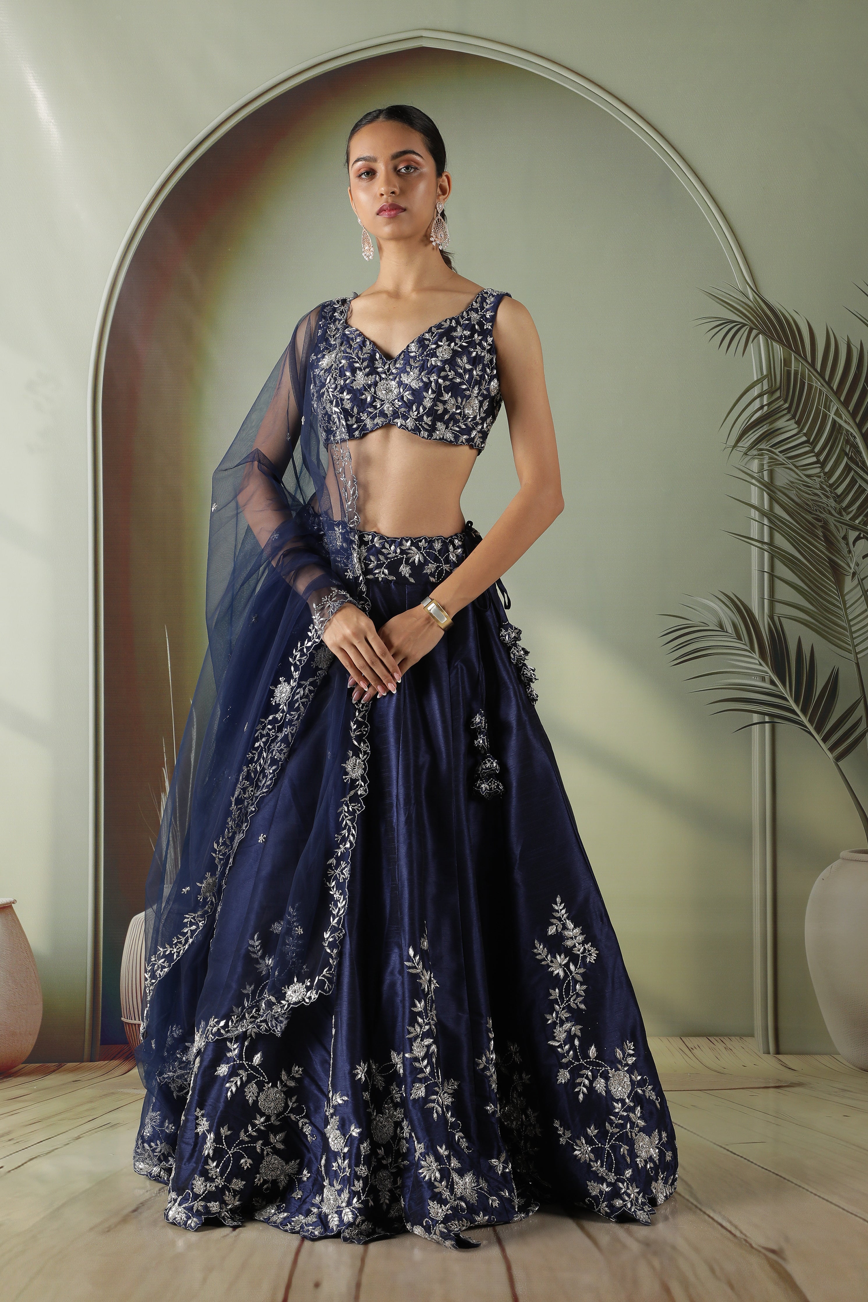 Navy Blue Raw Silk Embroidered Lehenga Set