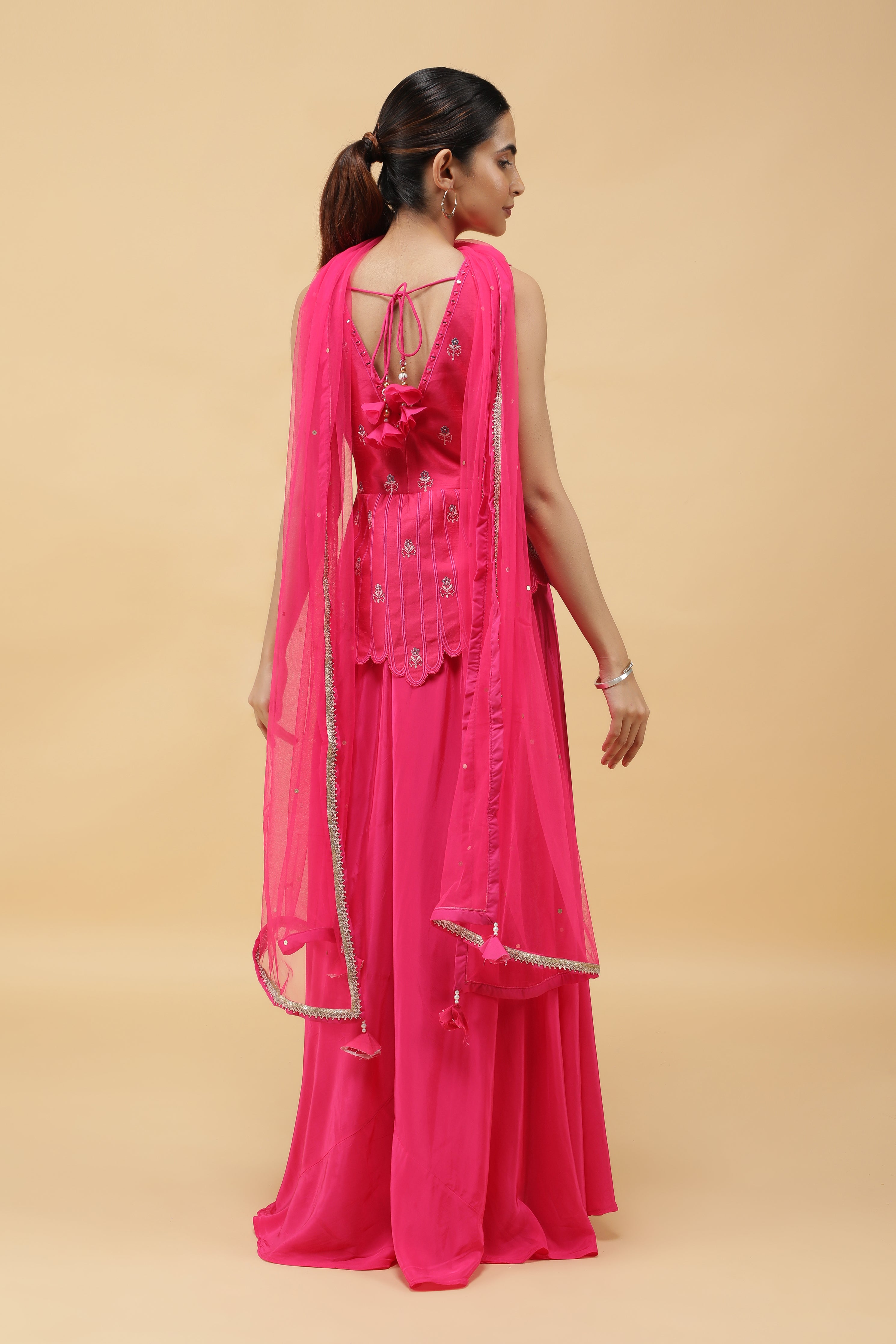 Fuchsia Petal Appliqué Silk Top & Palazzo Pant Set