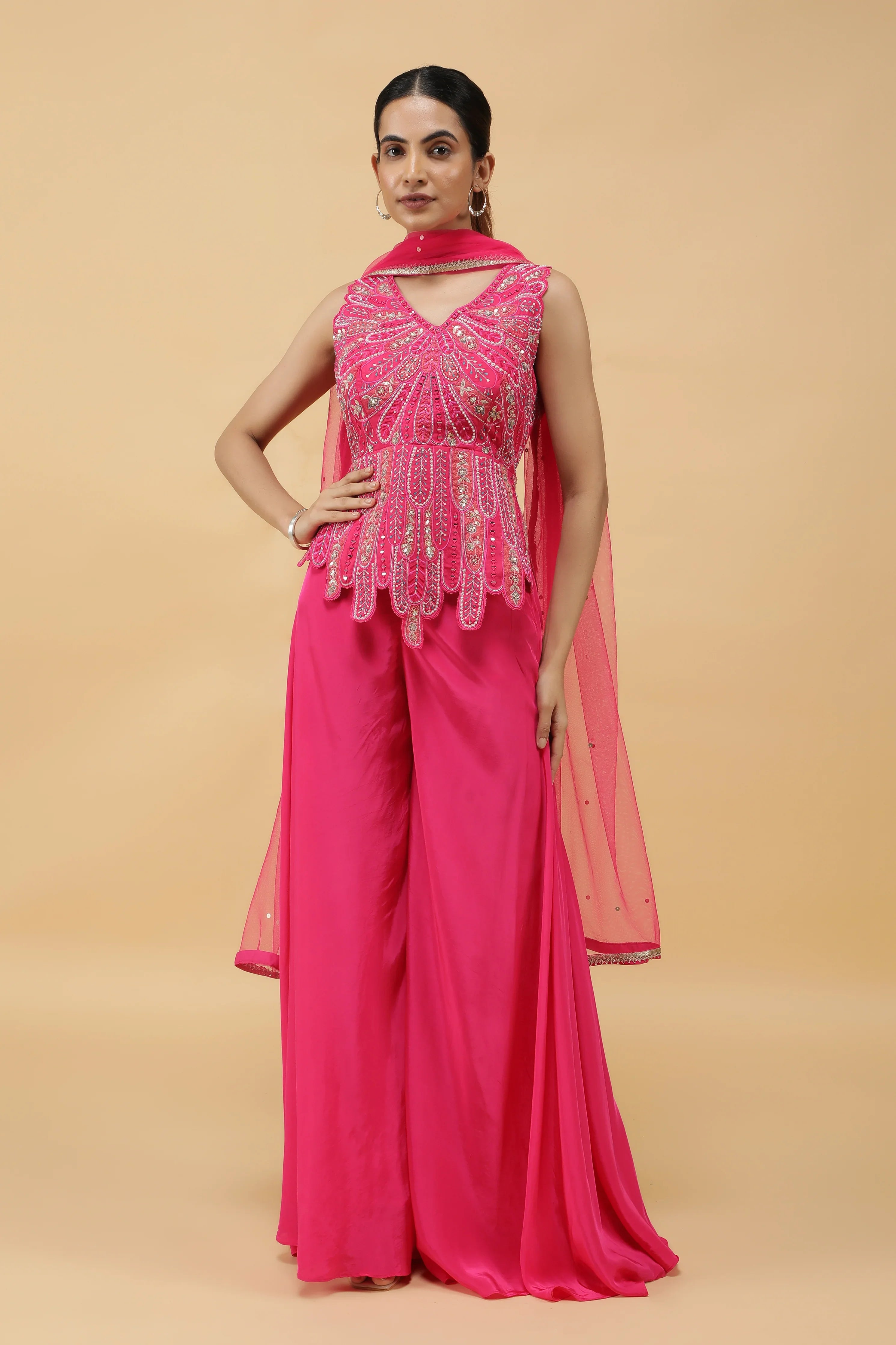 Fuchsia Petal Appliqué Silk Top & Palazzo Pant Set | Mokshaa