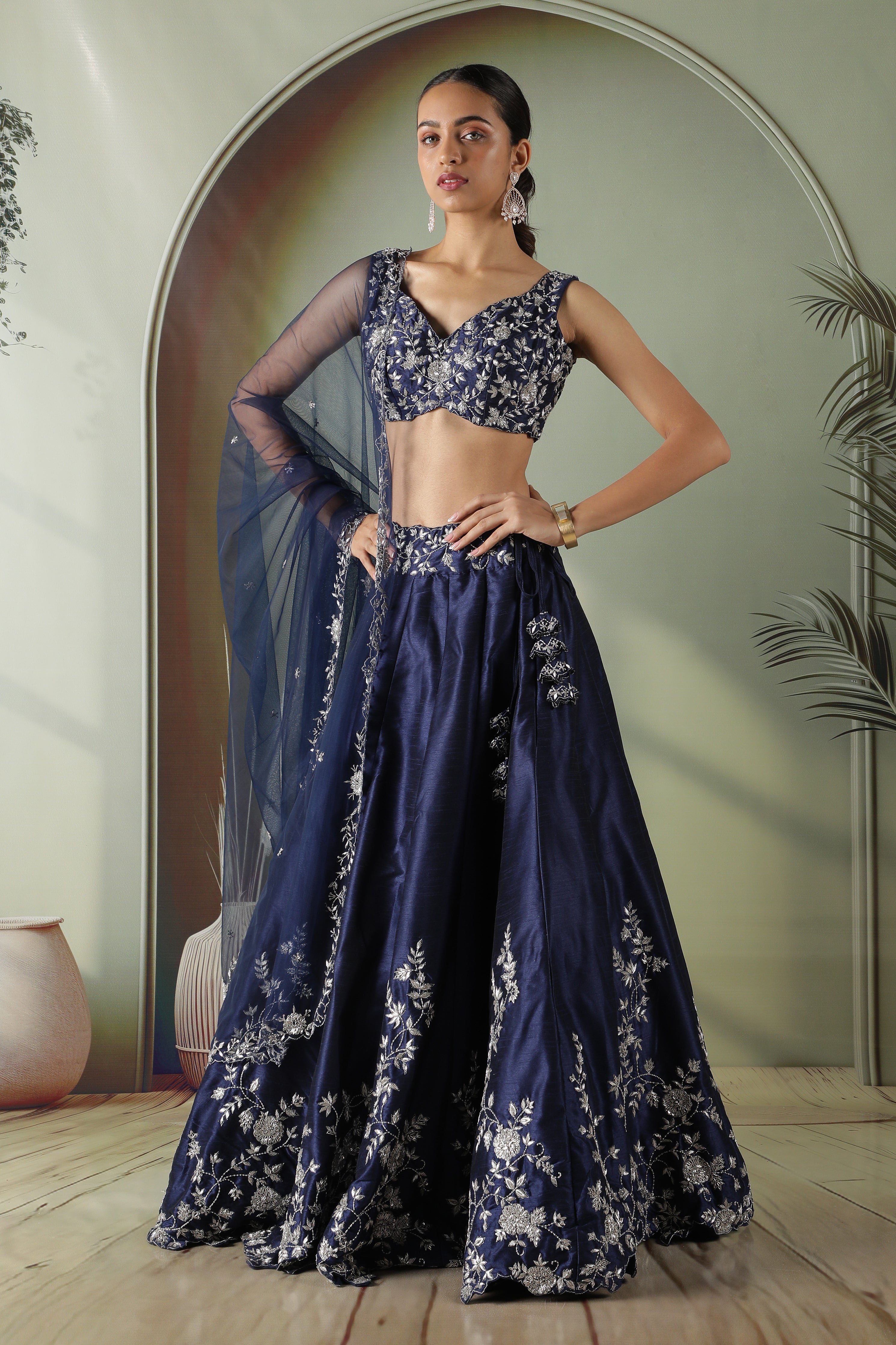 Navy Blue Raw Silk Embroidered Lehenga Set