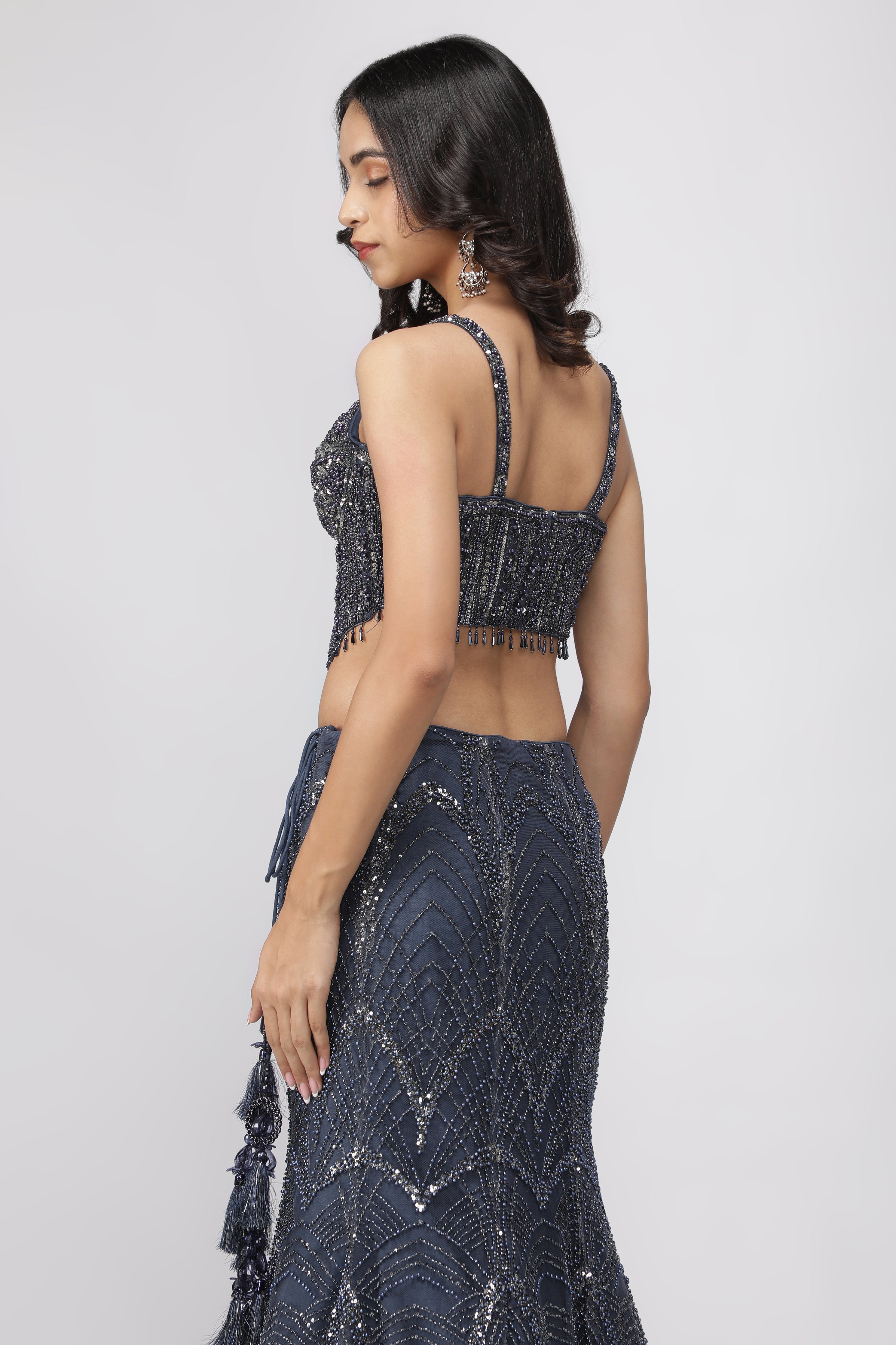 Blue Net Mermaid Lehenga with Embroidered Corset Blouse