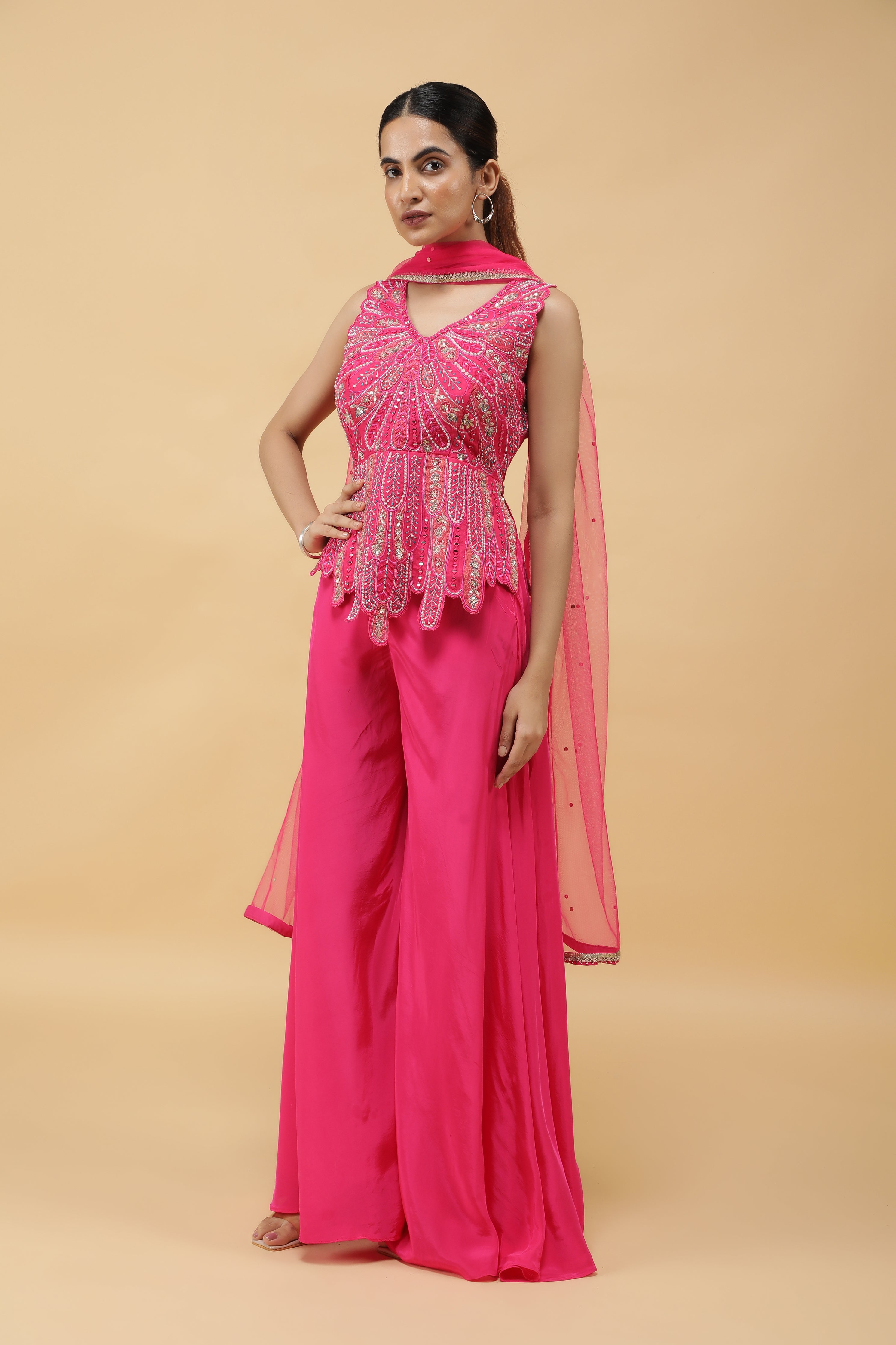 Fuchsia Petal Appliqué Silk Top & Palazzo Pant Set