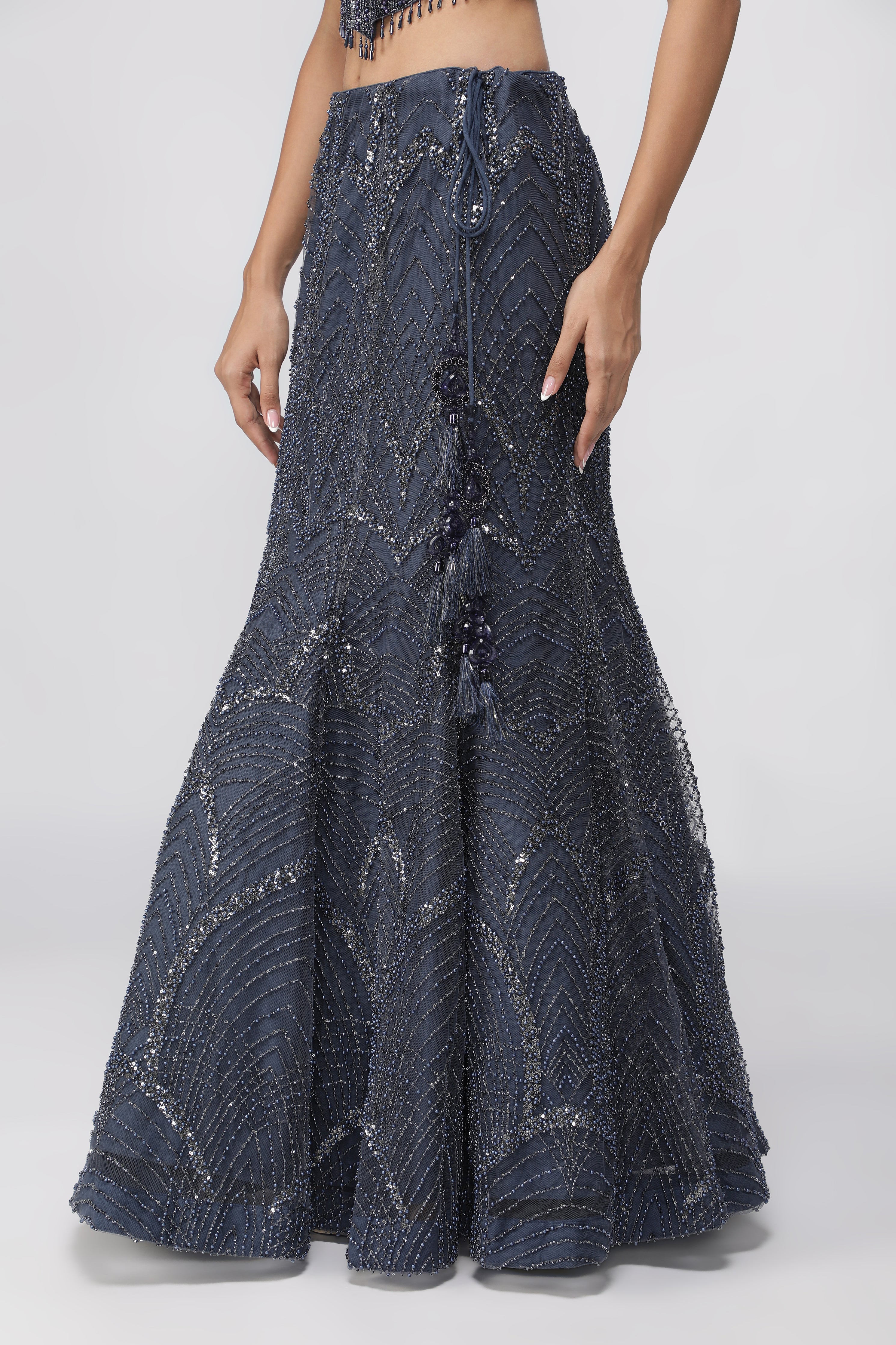 Blue Net Mermaid Lehenga with Embroidered Corset Blouse