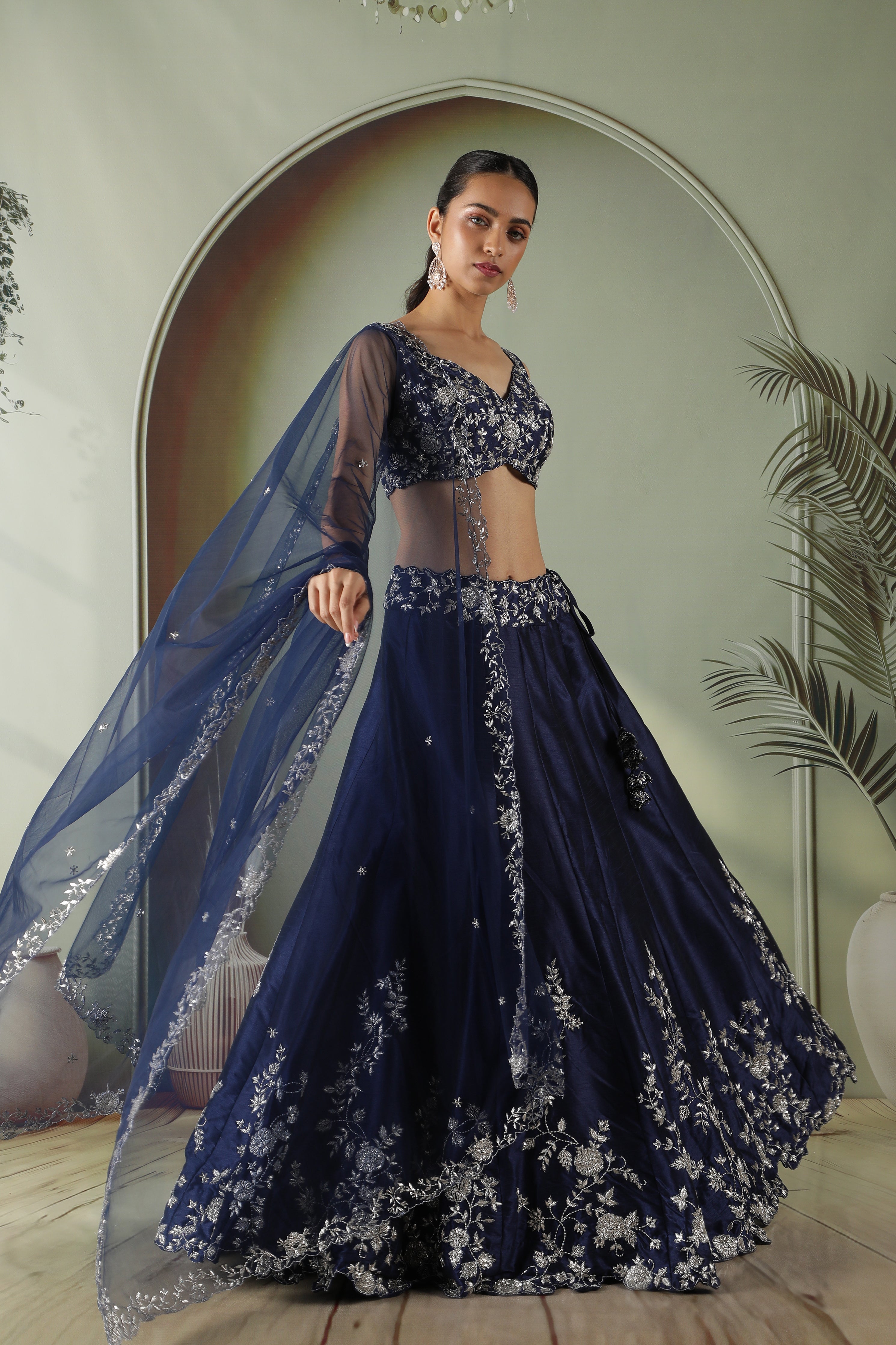 Navy Blue Raw Silk Embroidered Lehenga Set