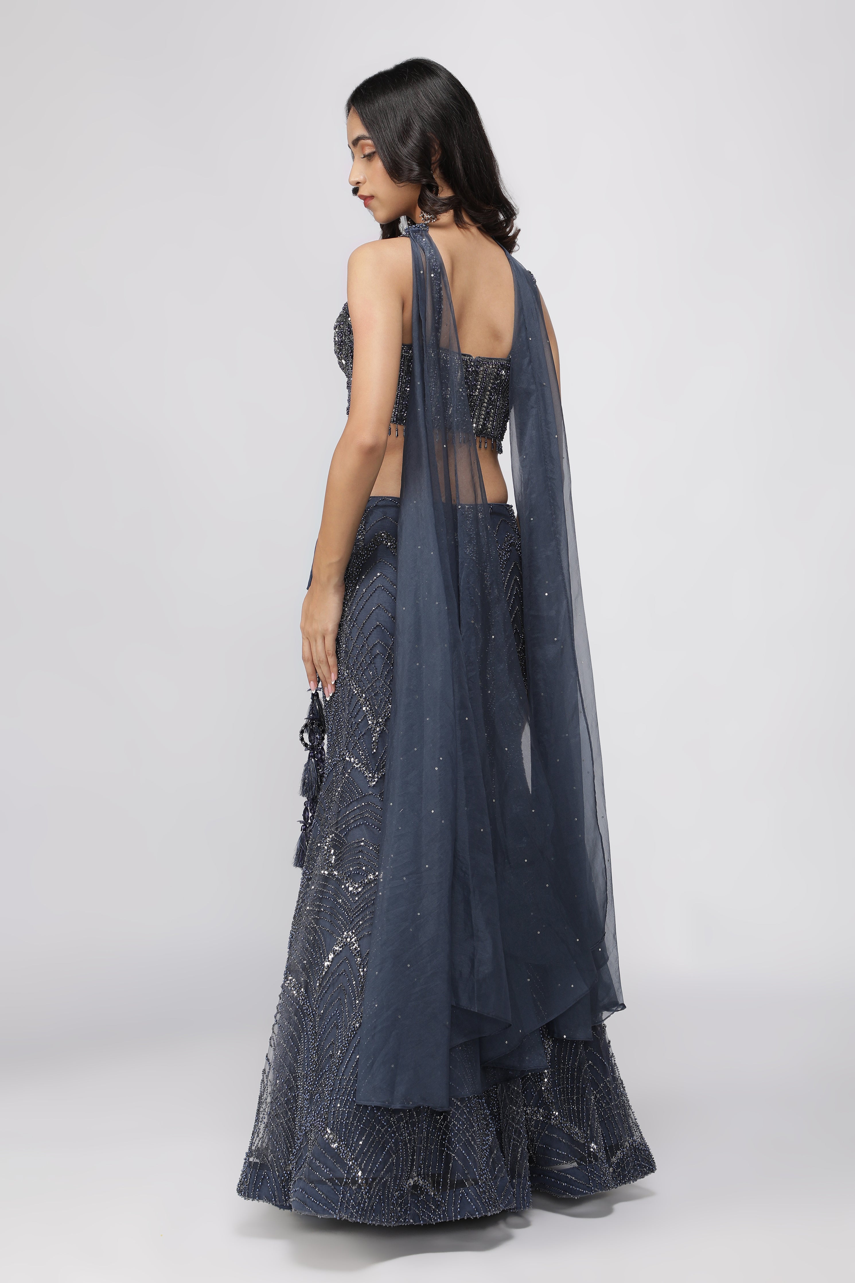 Blue Net Mermaid Lehenga with Embroidered Corset Blouse