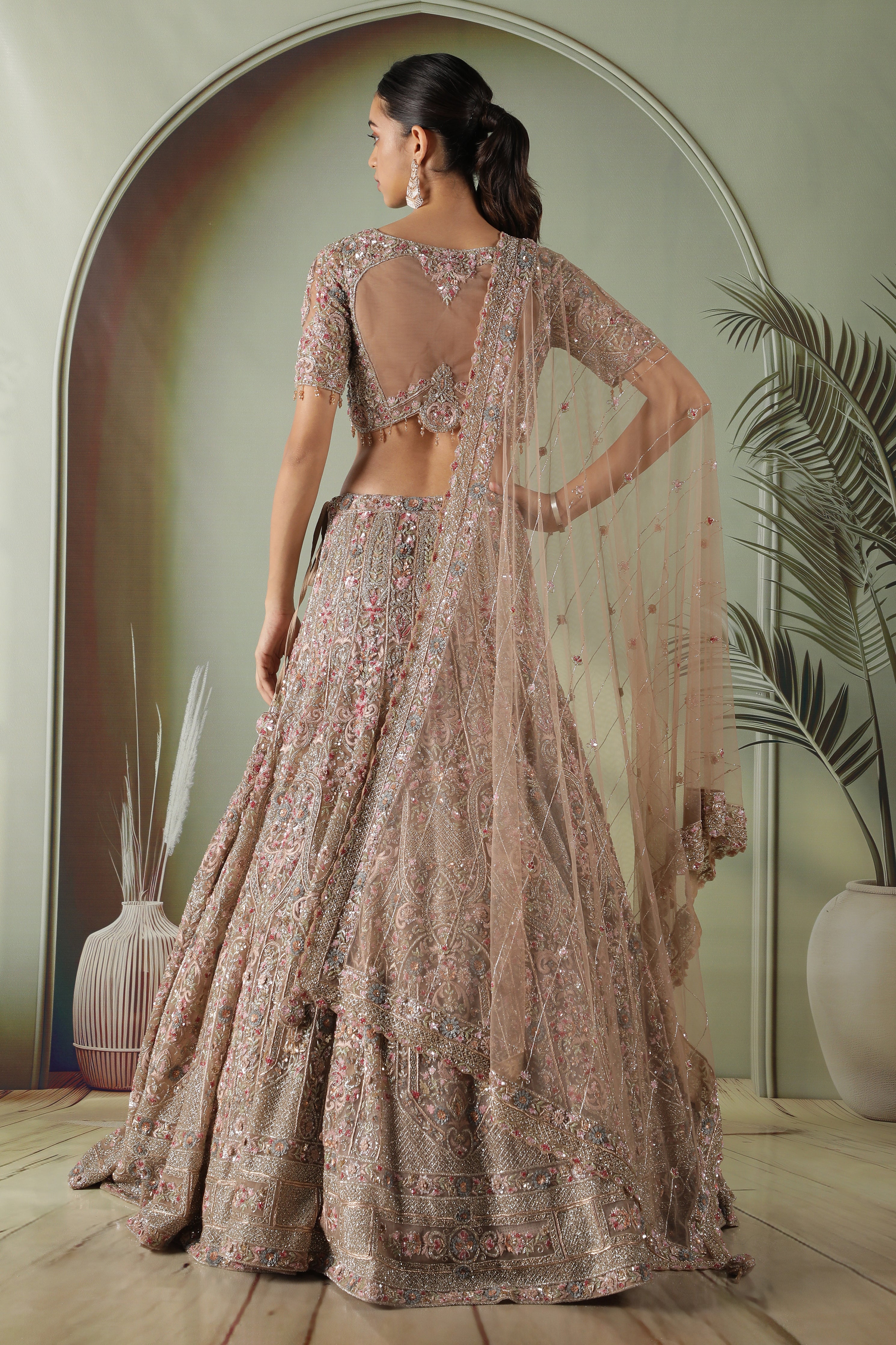 Mocha Taupe Multi-Color Embroidered Net Lehenga Set