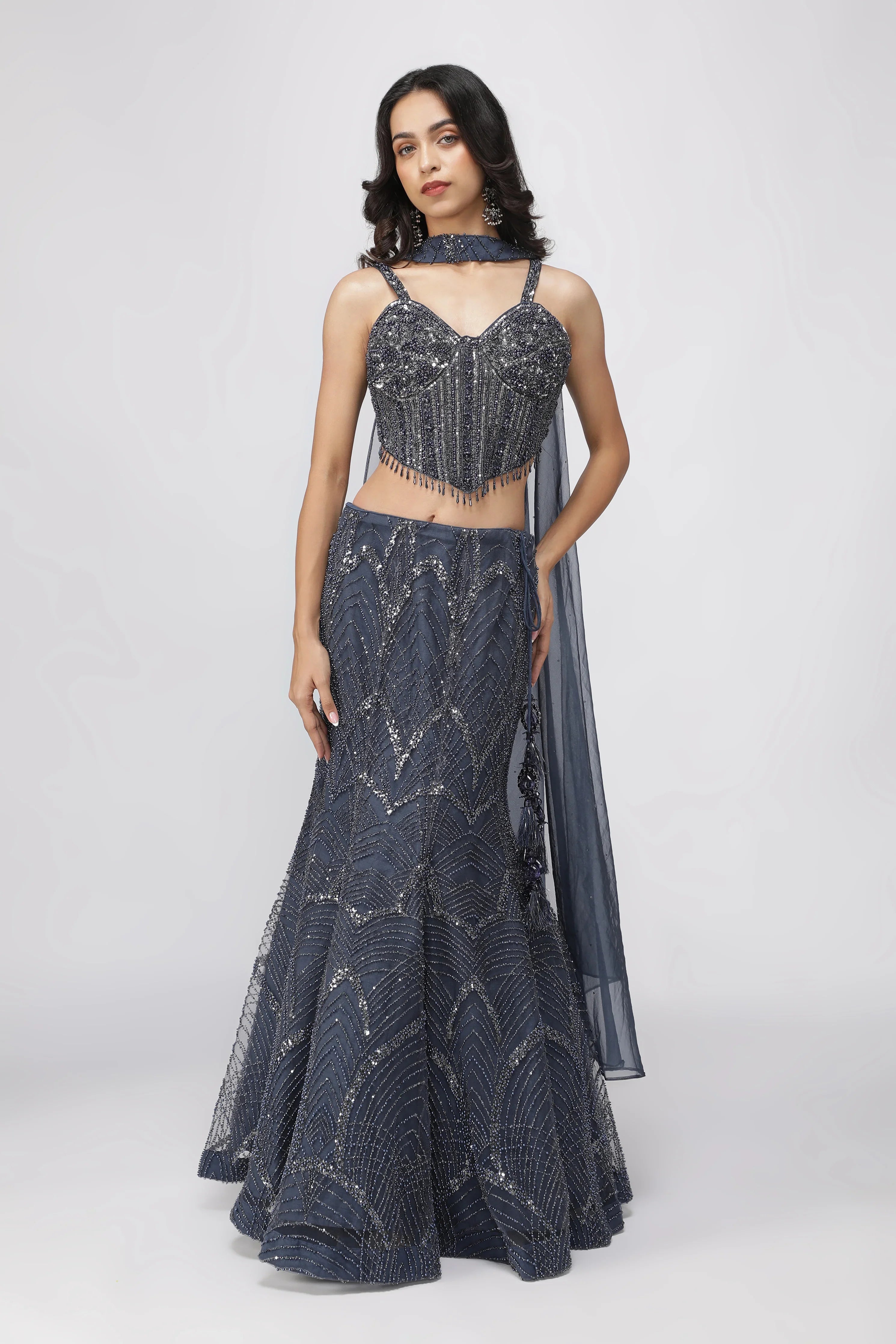 Blue Net Mermaid Lehenga with Embroidered Corset Blouse | Mokshaa