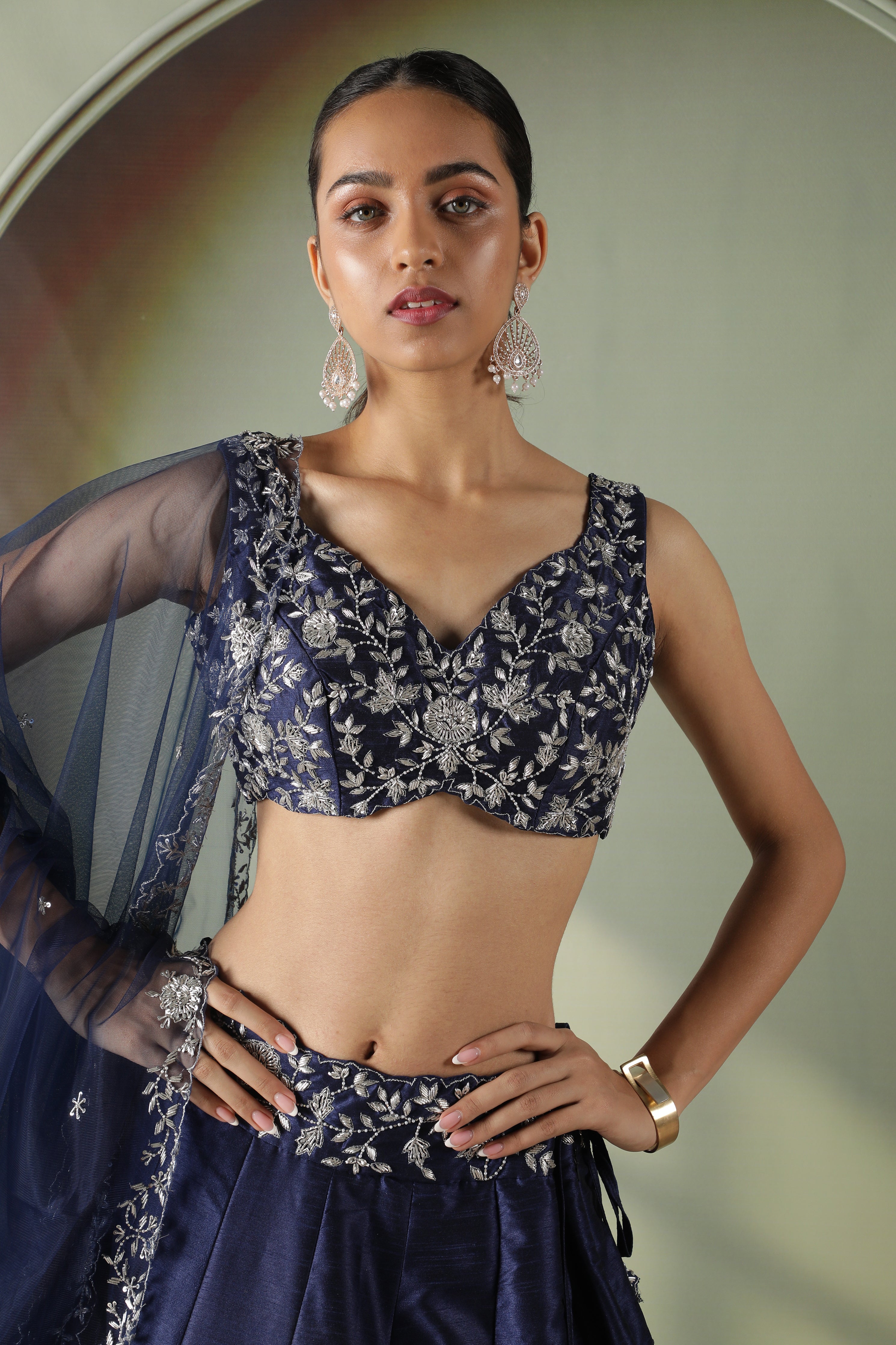 Navy Blue Raw Silk Embroidered Lehenga Set