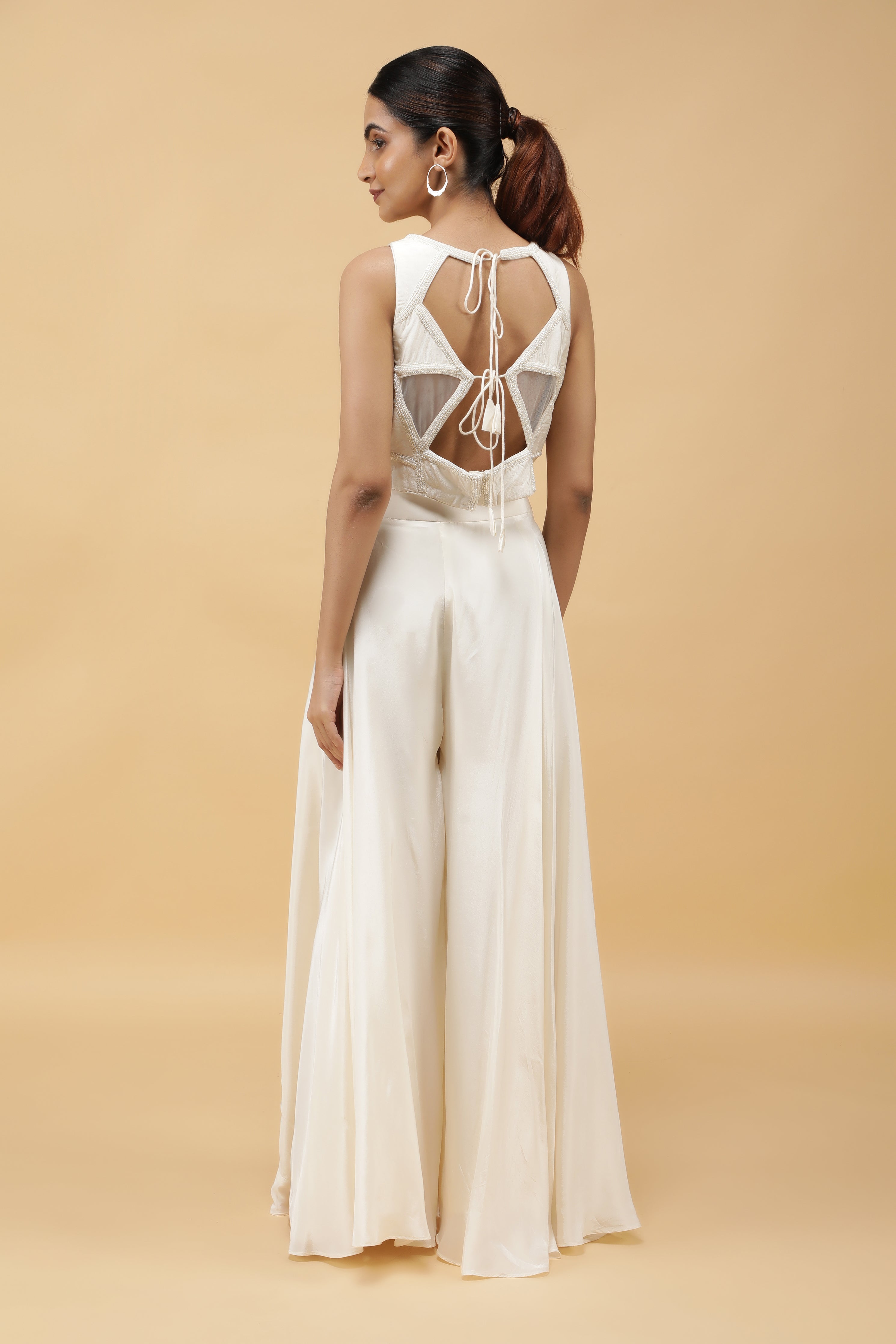 Ivory Prism Kutdana Embroidered Crop Top, Palazzo & Dupatta Set