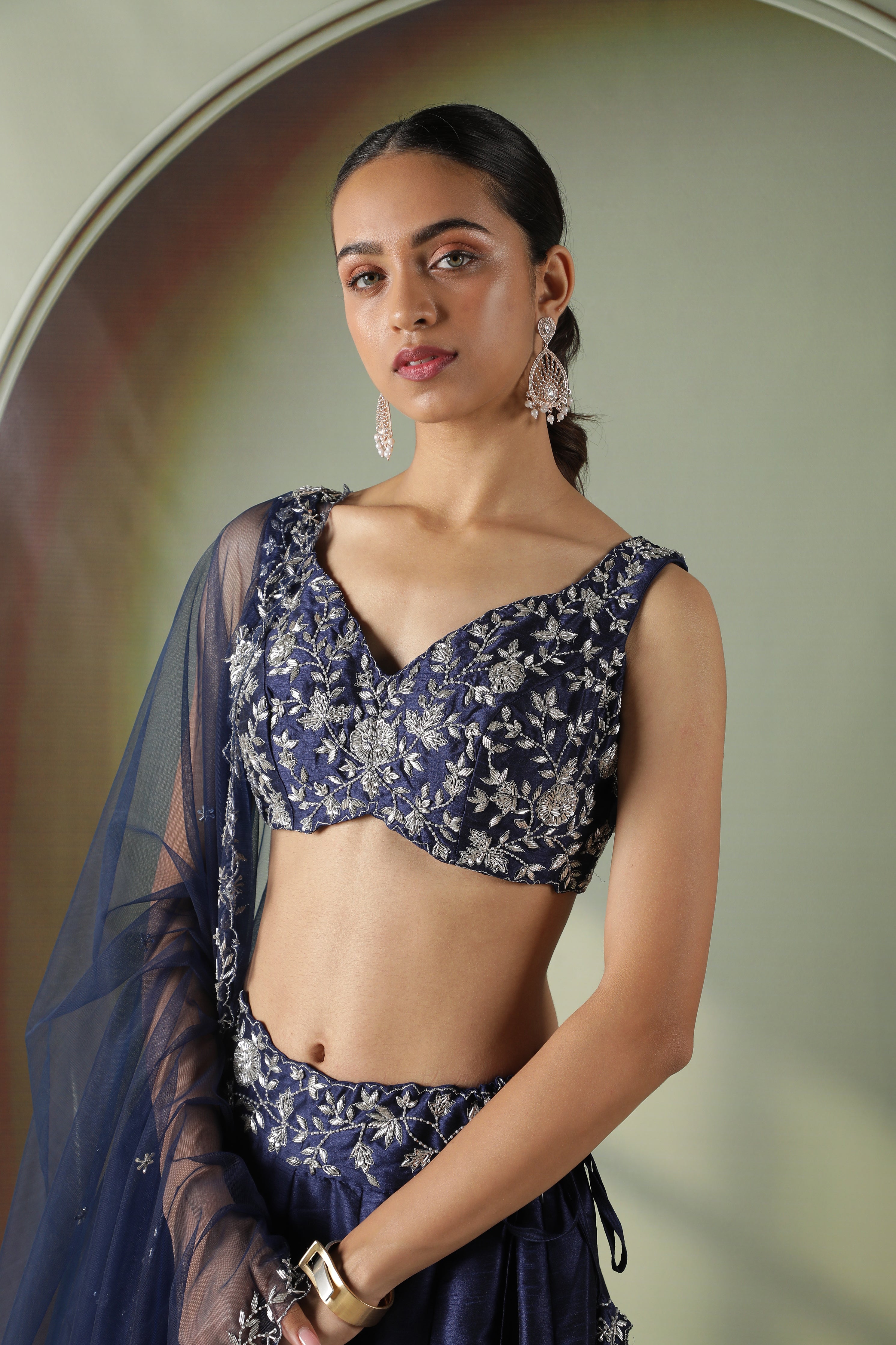 Navy Blue Raw Silk Embroidered Lehenga Set