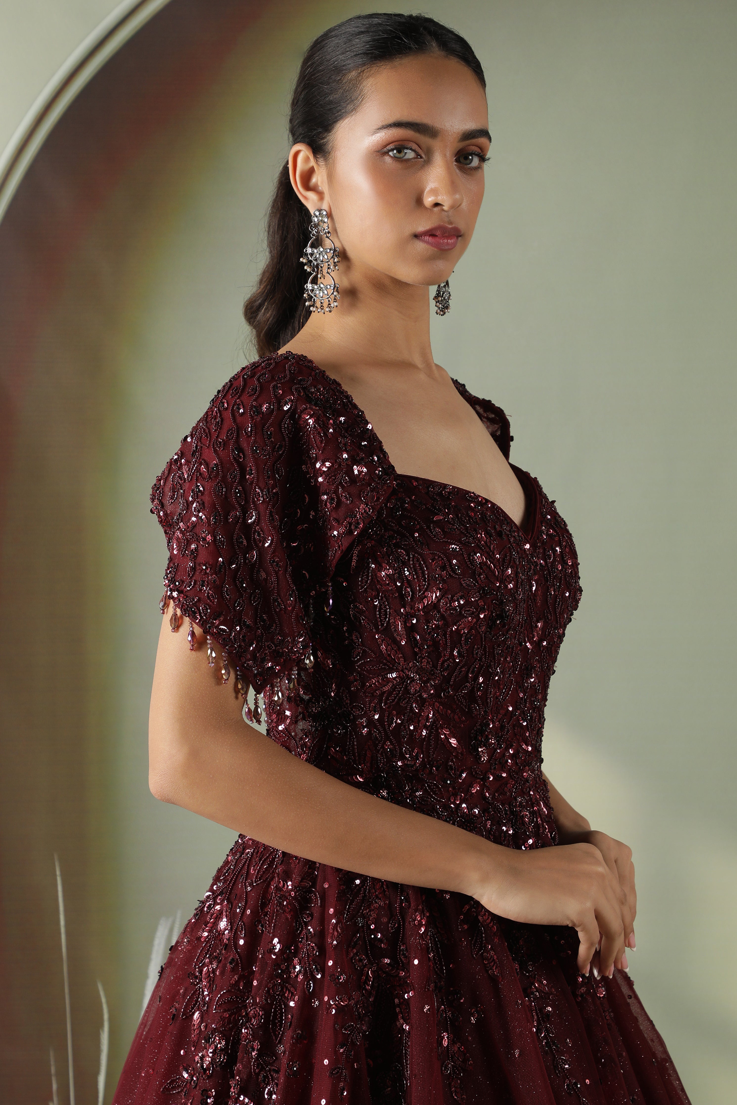 Maroon Net Gown with Sequin, Pearl & Cutdana Embroidery