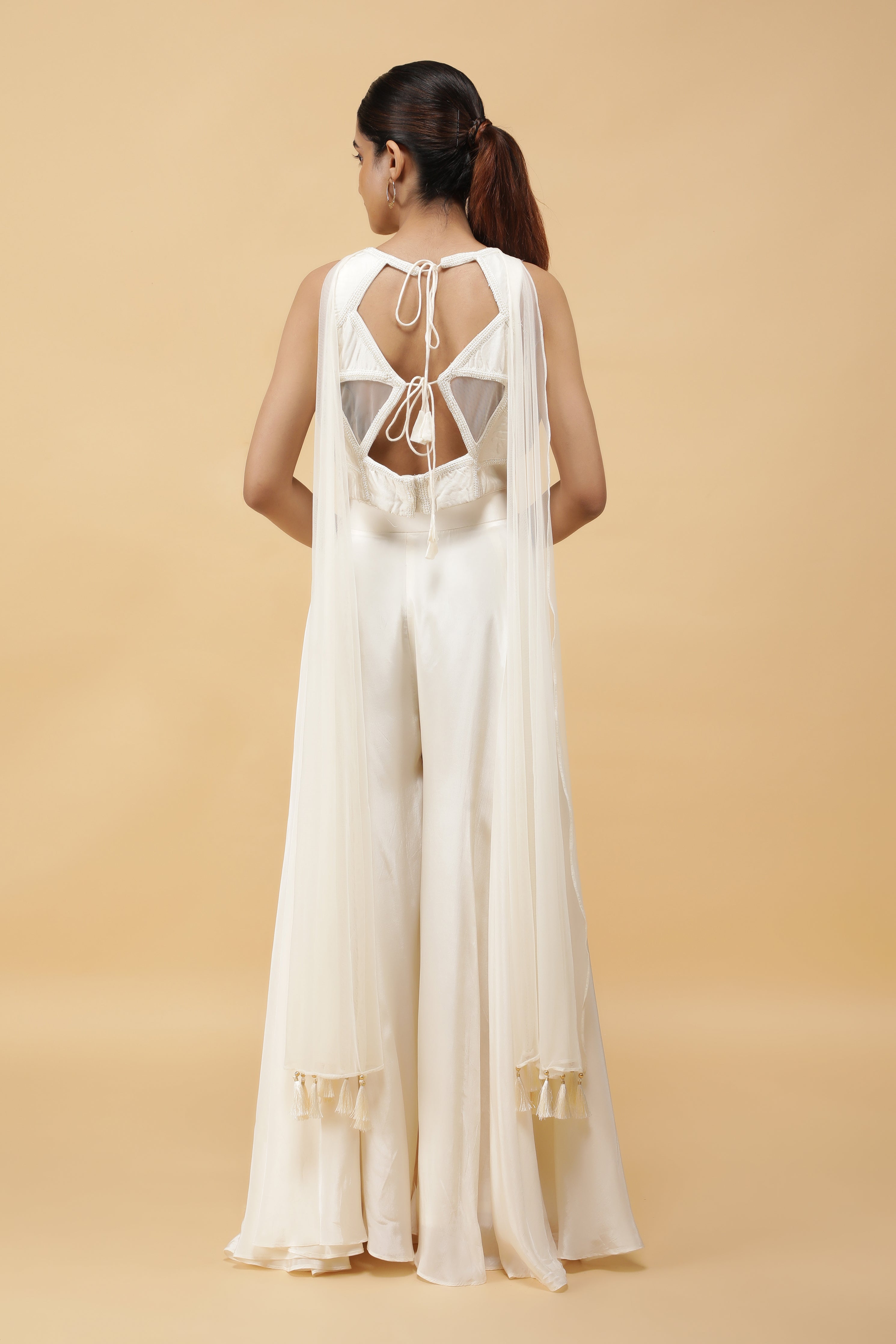 Ivory Prism Kutdana Embroidered Crop Top, Palazzo & Dupatta Set