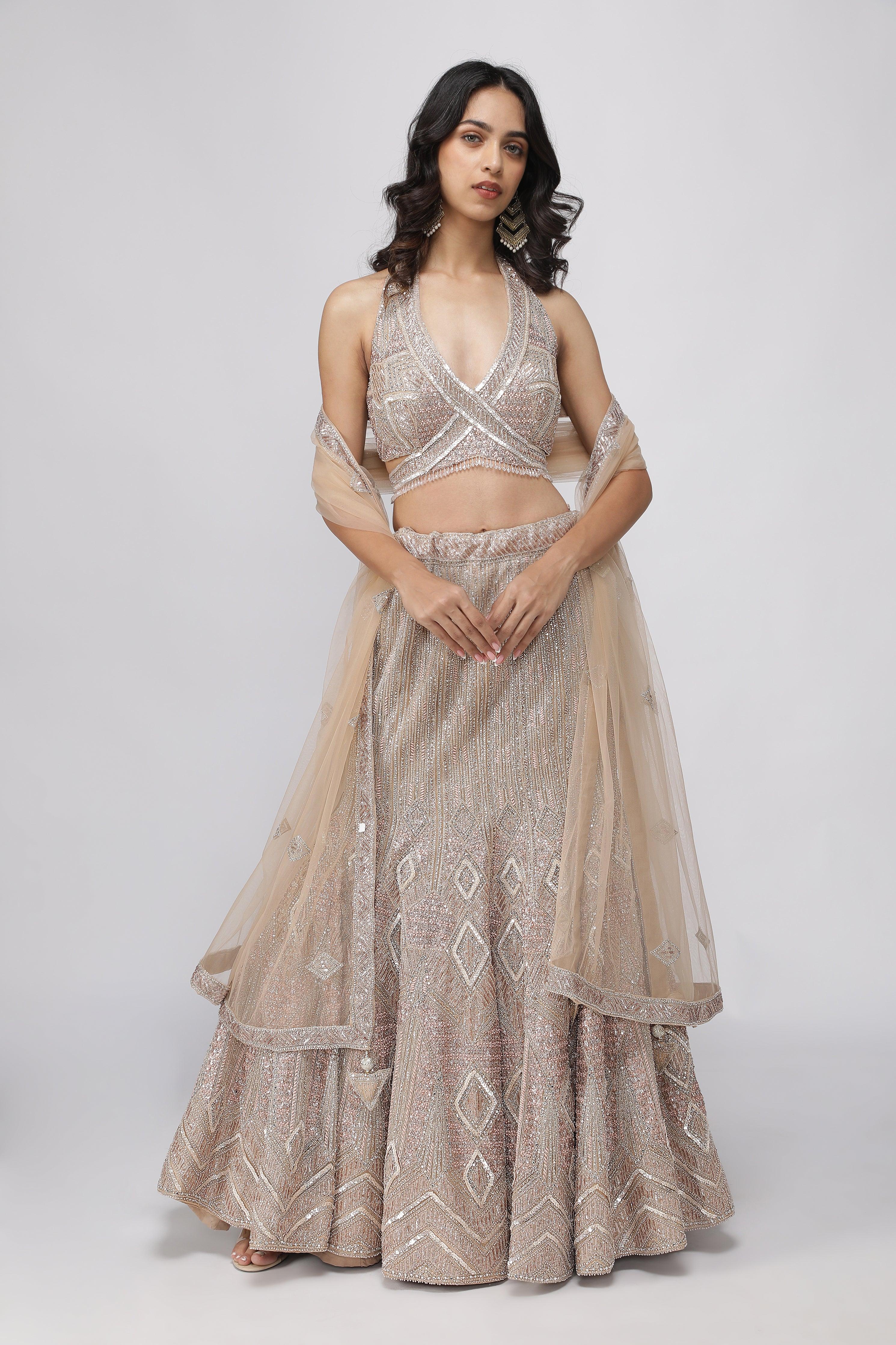 Champagne Net Mermaid Cut Lehenga set | Mokshaa