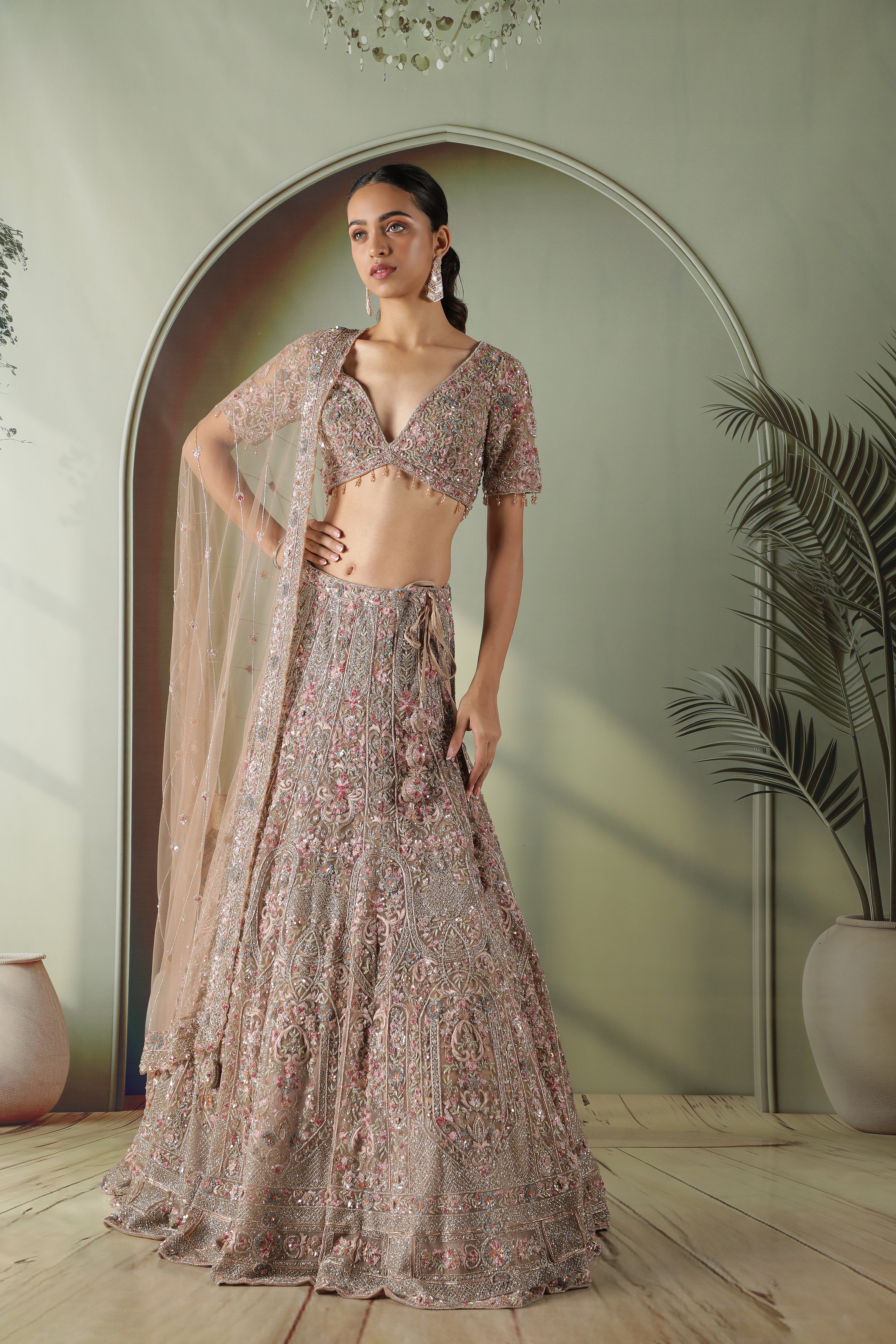 Mocha Taupe Multi-Color Embroidered Net Lehenga Set