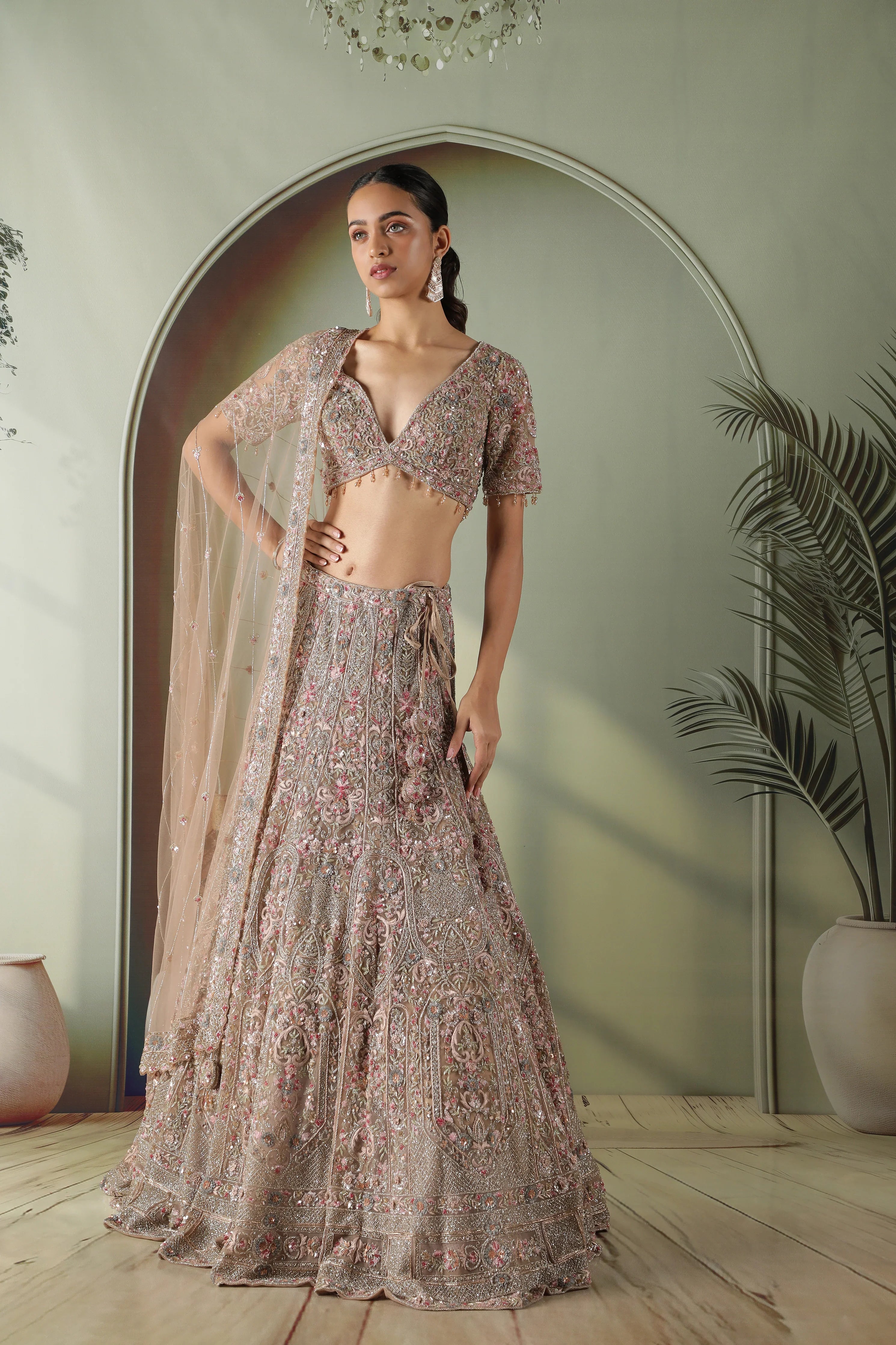 Mocha Taupe Multi-Color Embroidered Net Lehenga Set | Mokshaa