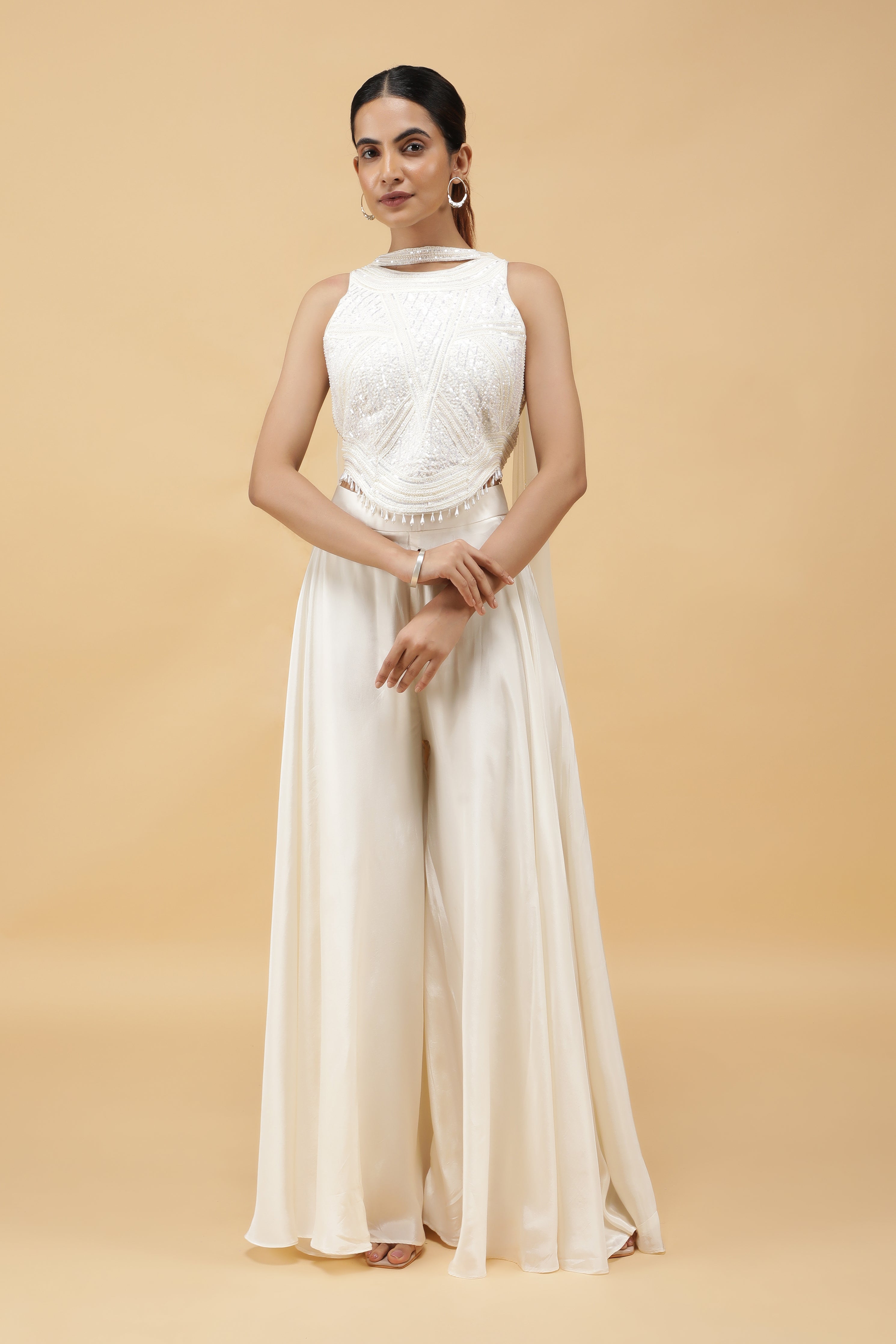 Ivory Prism Kutdana Embroidered Crop Top, Palazzo & Dupatta Set