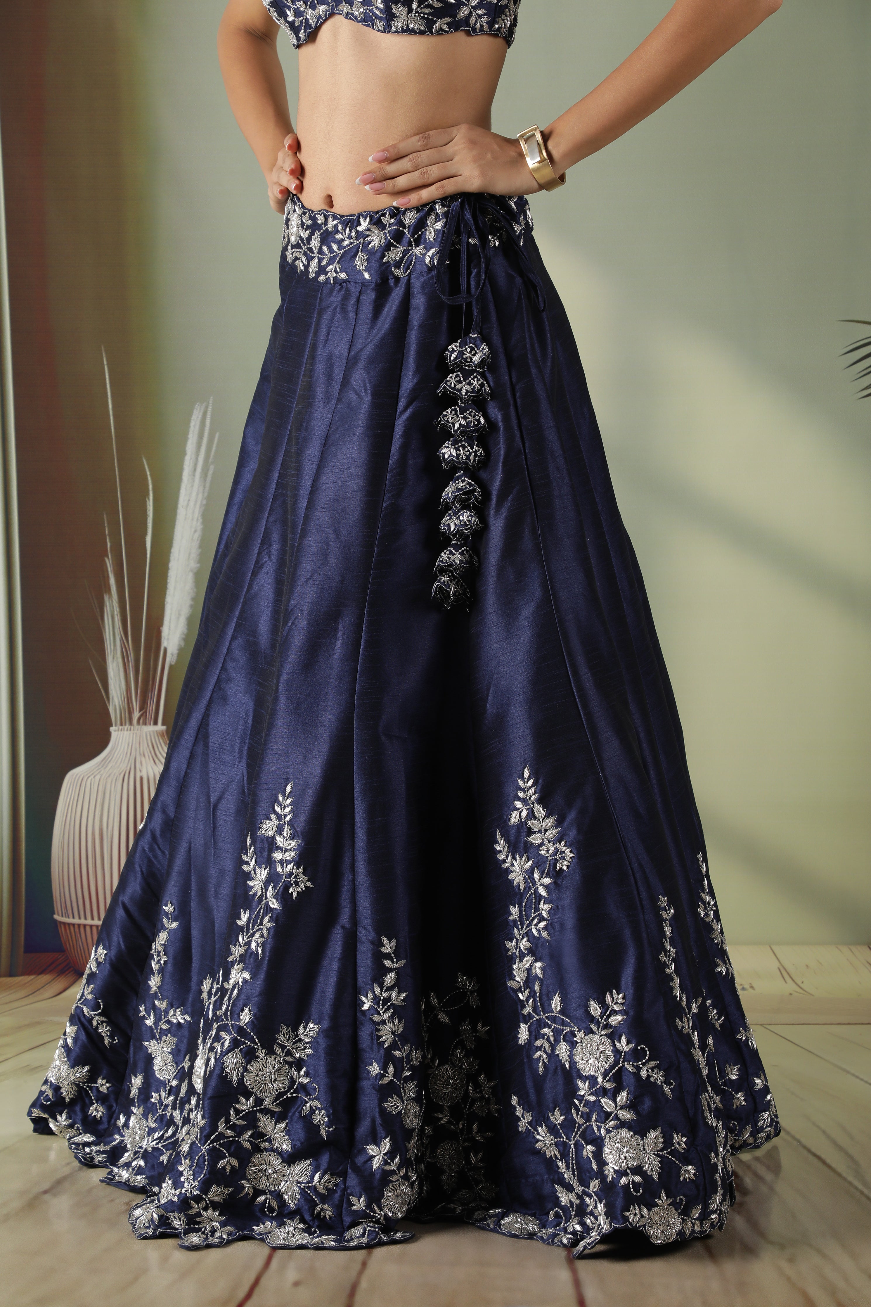 Navy Blue Raw Silk Embroidered Lehenga Set