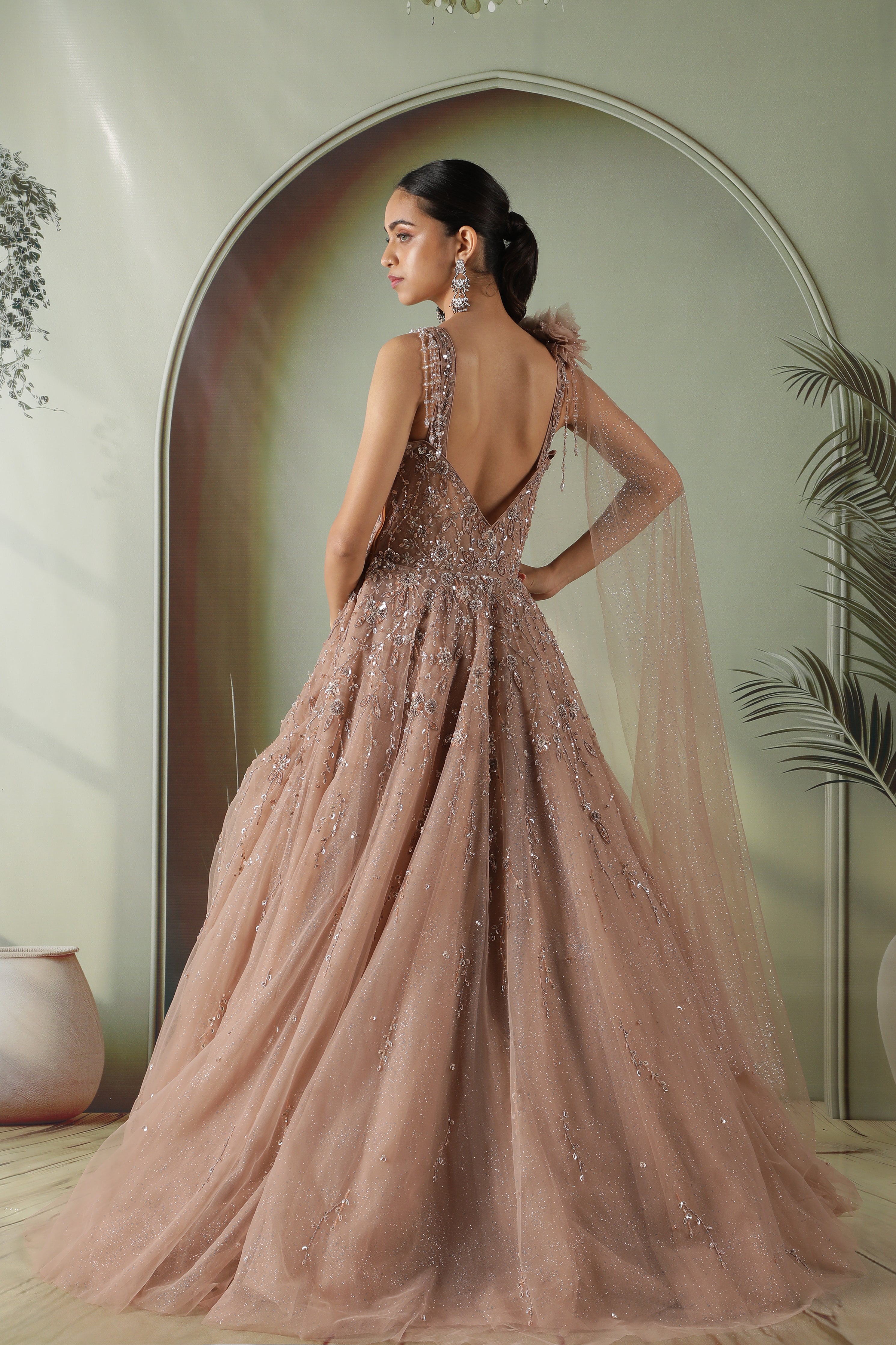 Dusty Peach Net Gown with Pearl and Sequin Embroidery