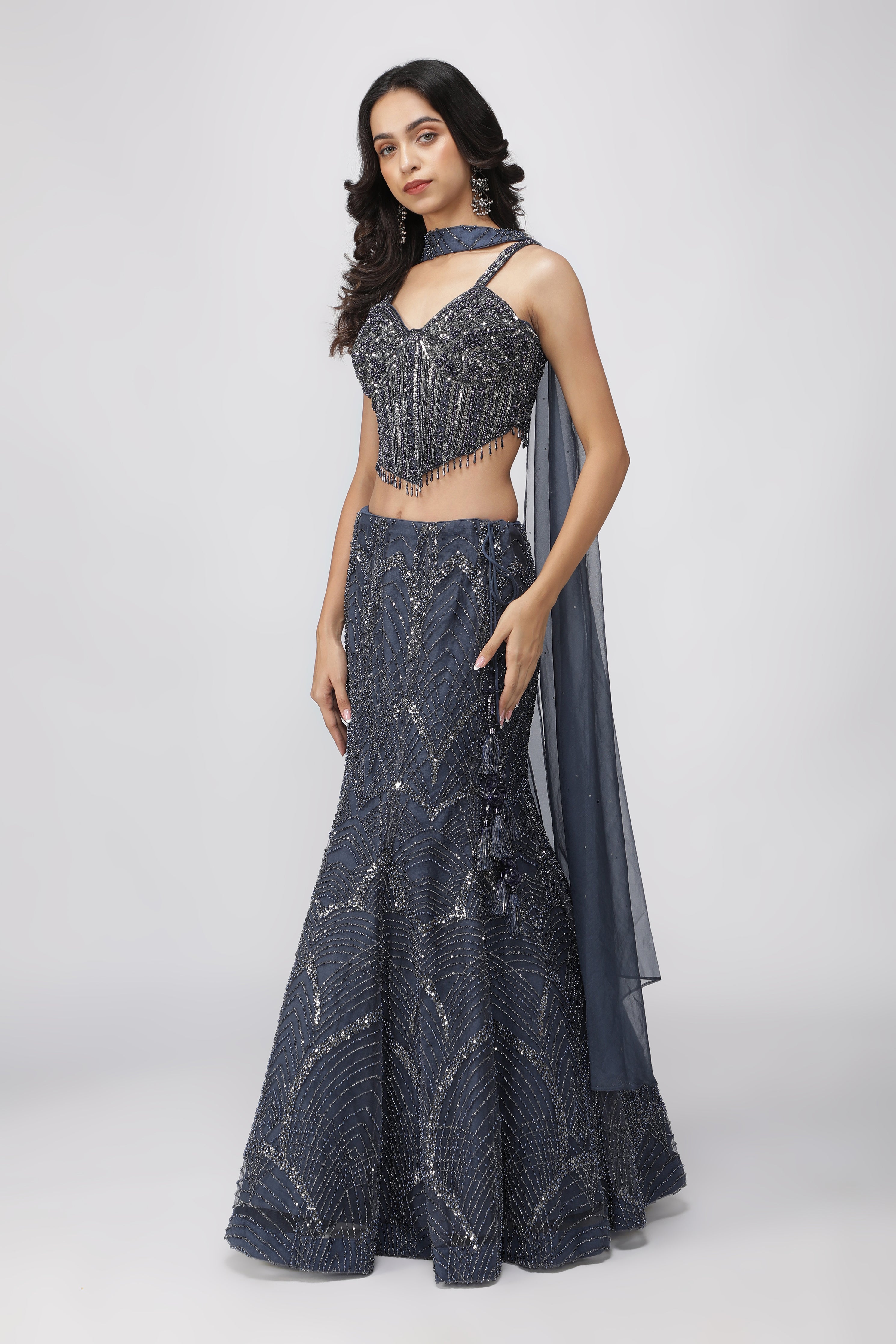 Blue Net Mermaid Lehenga with Embroidered Corset Blouse
