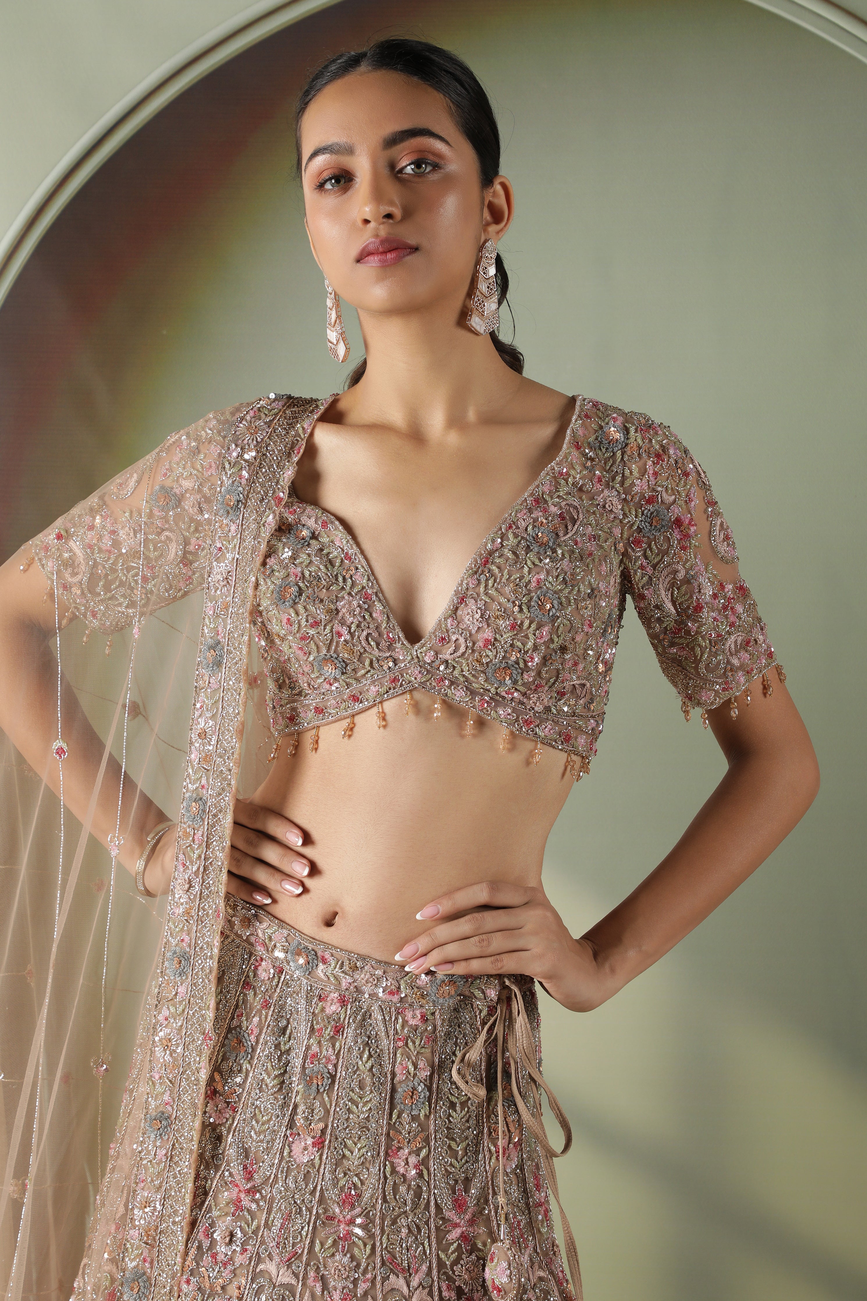 Mocha Taupe Multi-Color Embroidered Net Lehenga Set
