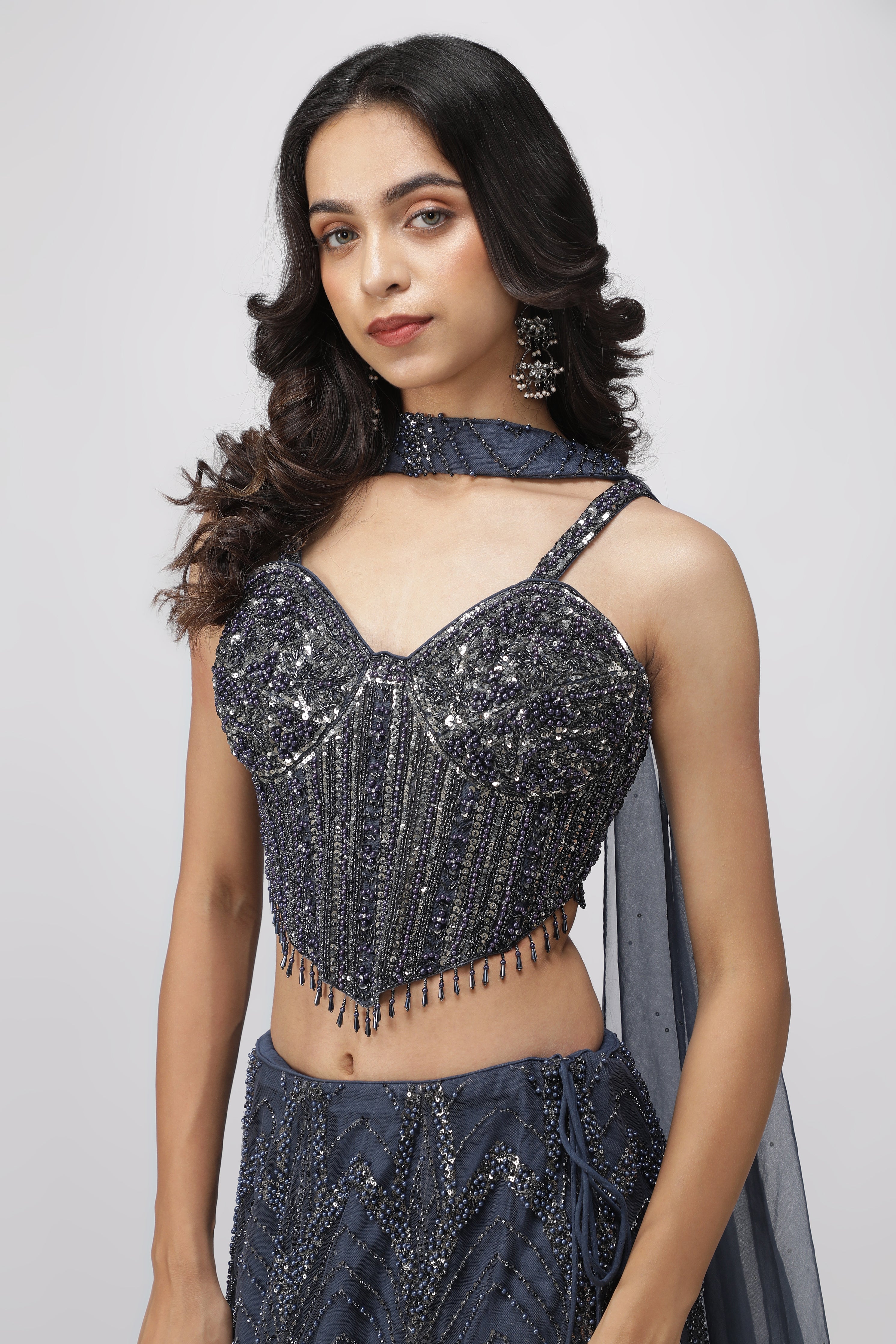 Blue Net Mermaid Lehenga with Embroidered Corset Blouse