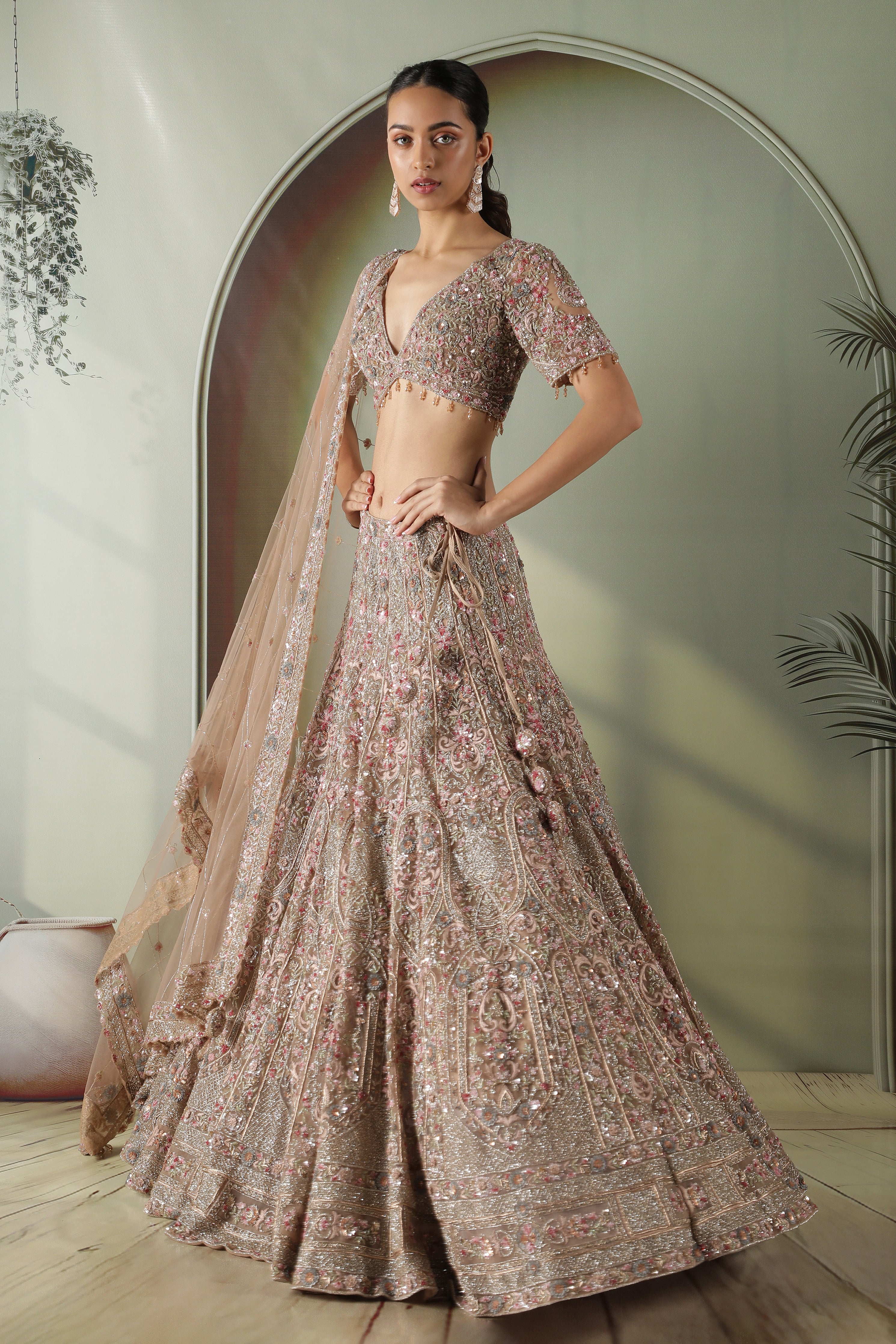 Mocha Taupe Multi-Color Embroidered Net Lehenga Set