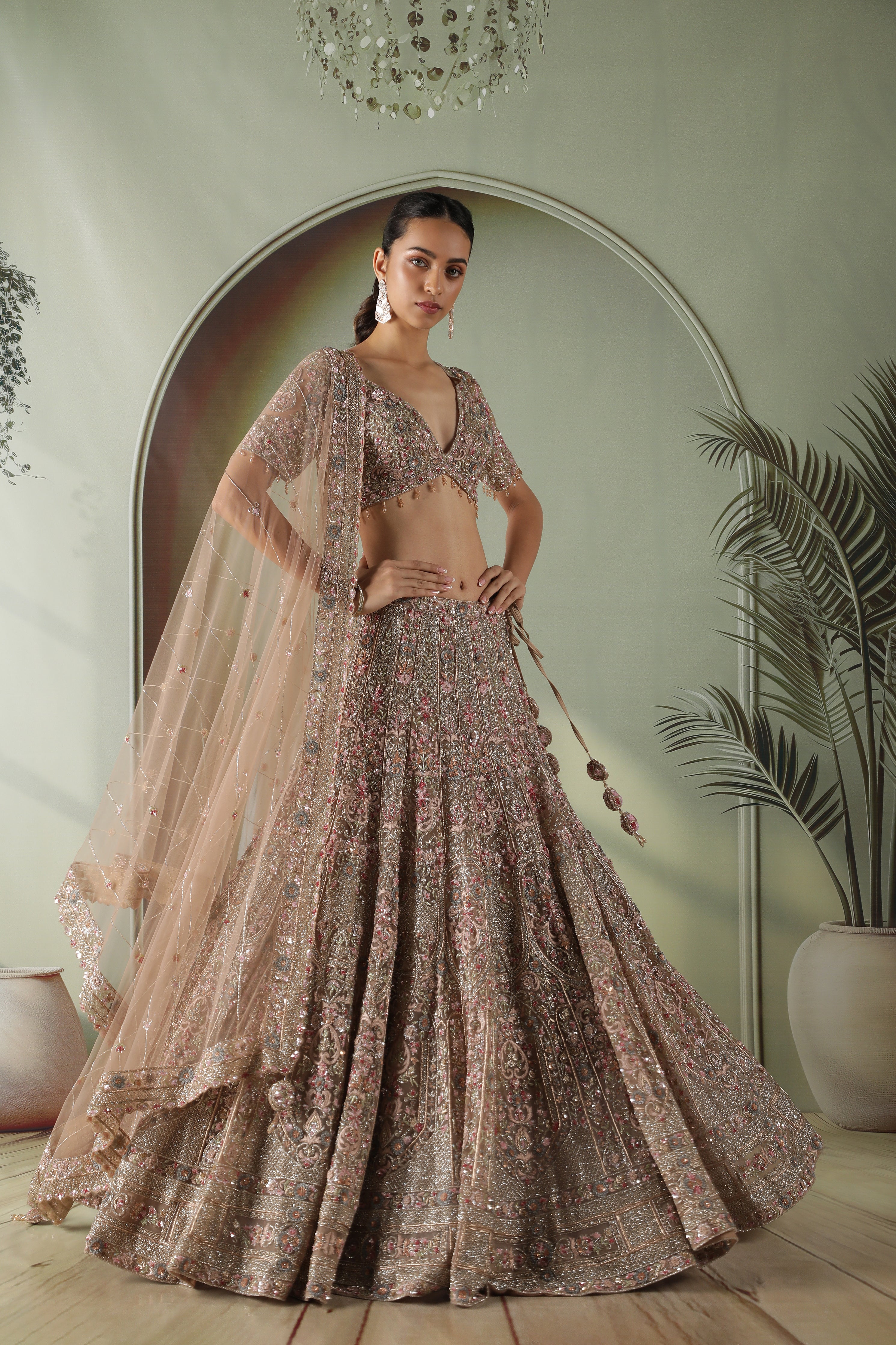 Mocha Taupe Multi-Color Embroidered Net Lehenga Set