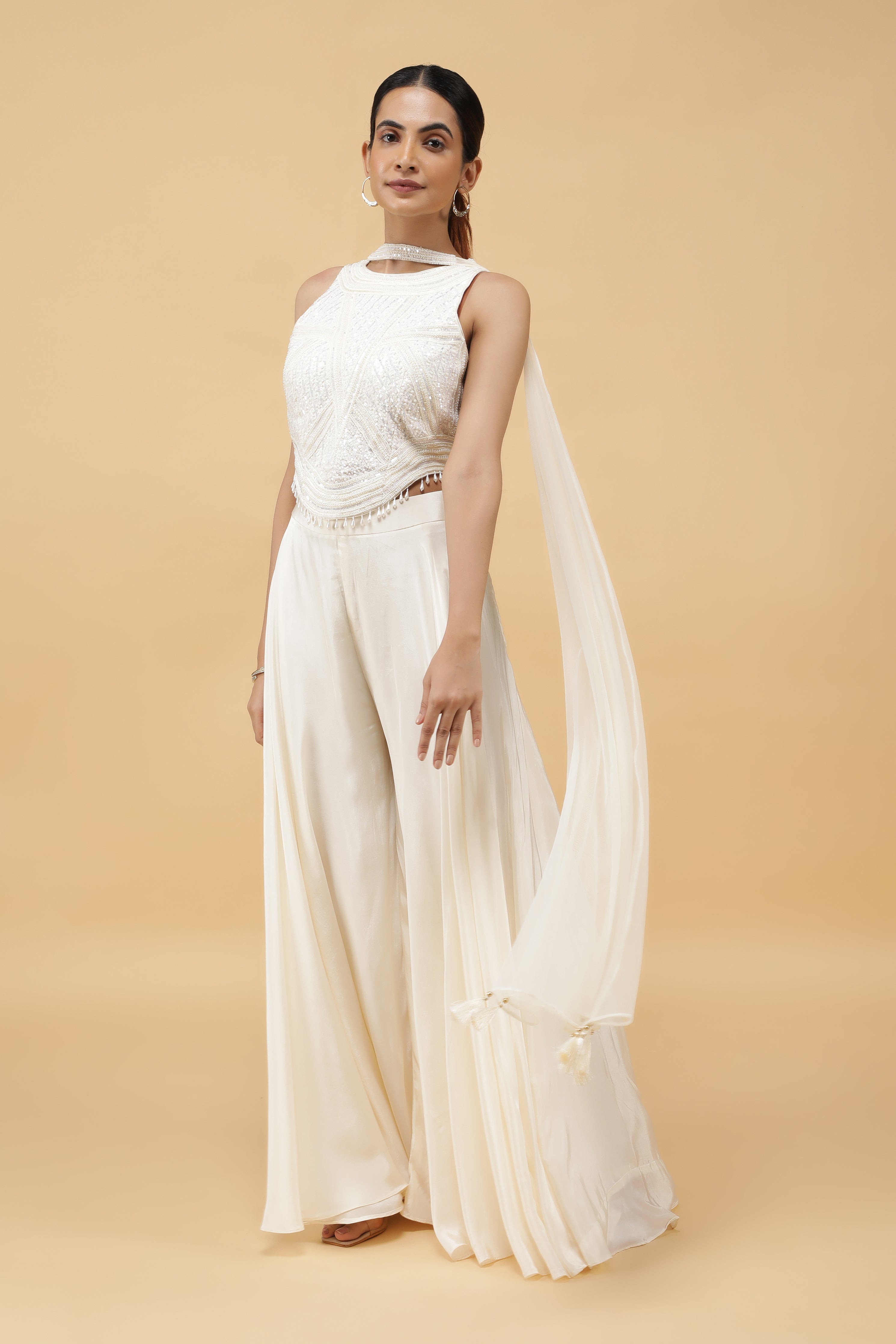 Ivory Prism Kutdana Embroidered Crop Top, Palazzo & Dupatta Set