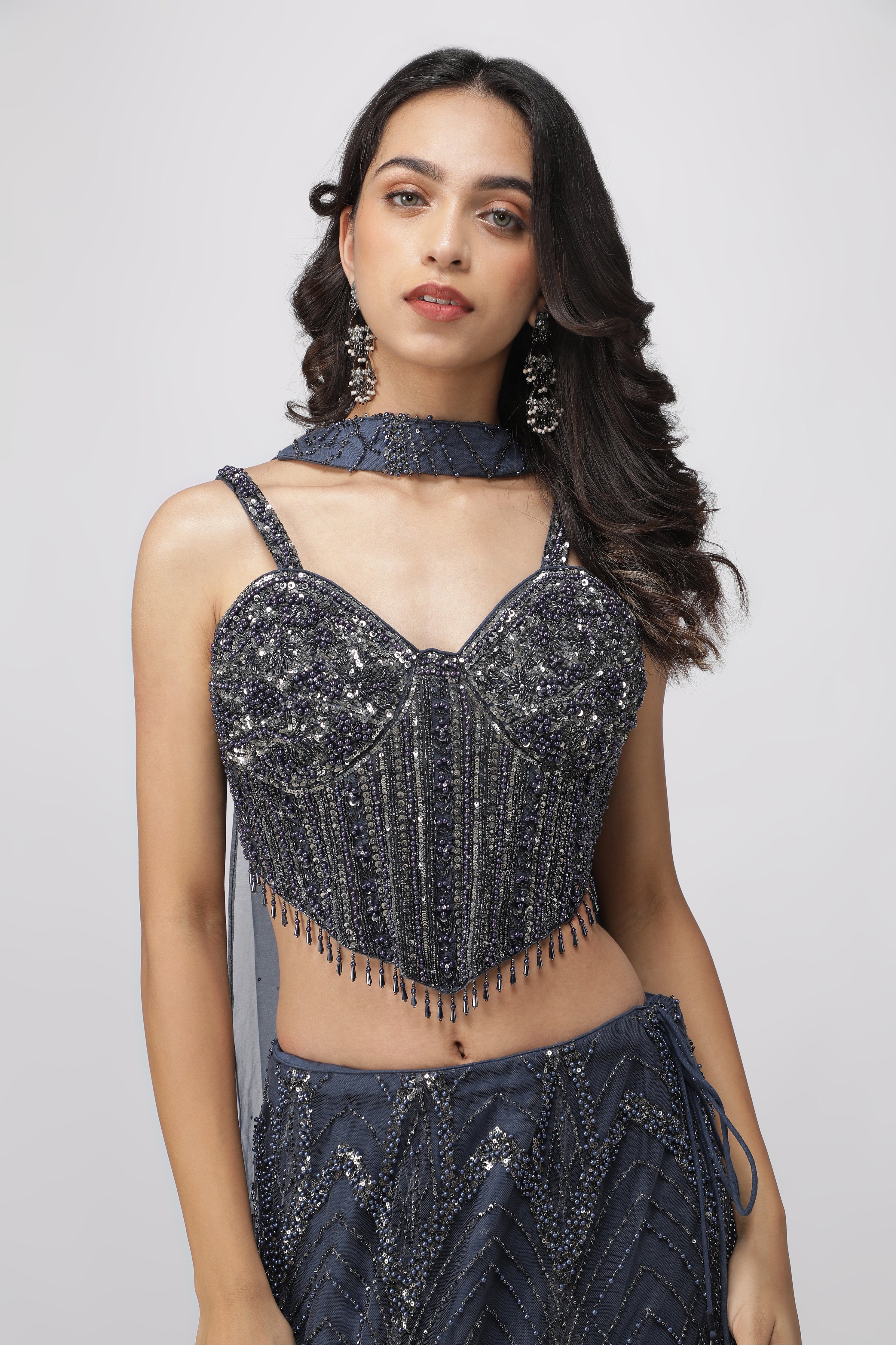 Blue Net Mermaid Lehenga with Embroidered Corset Blouse