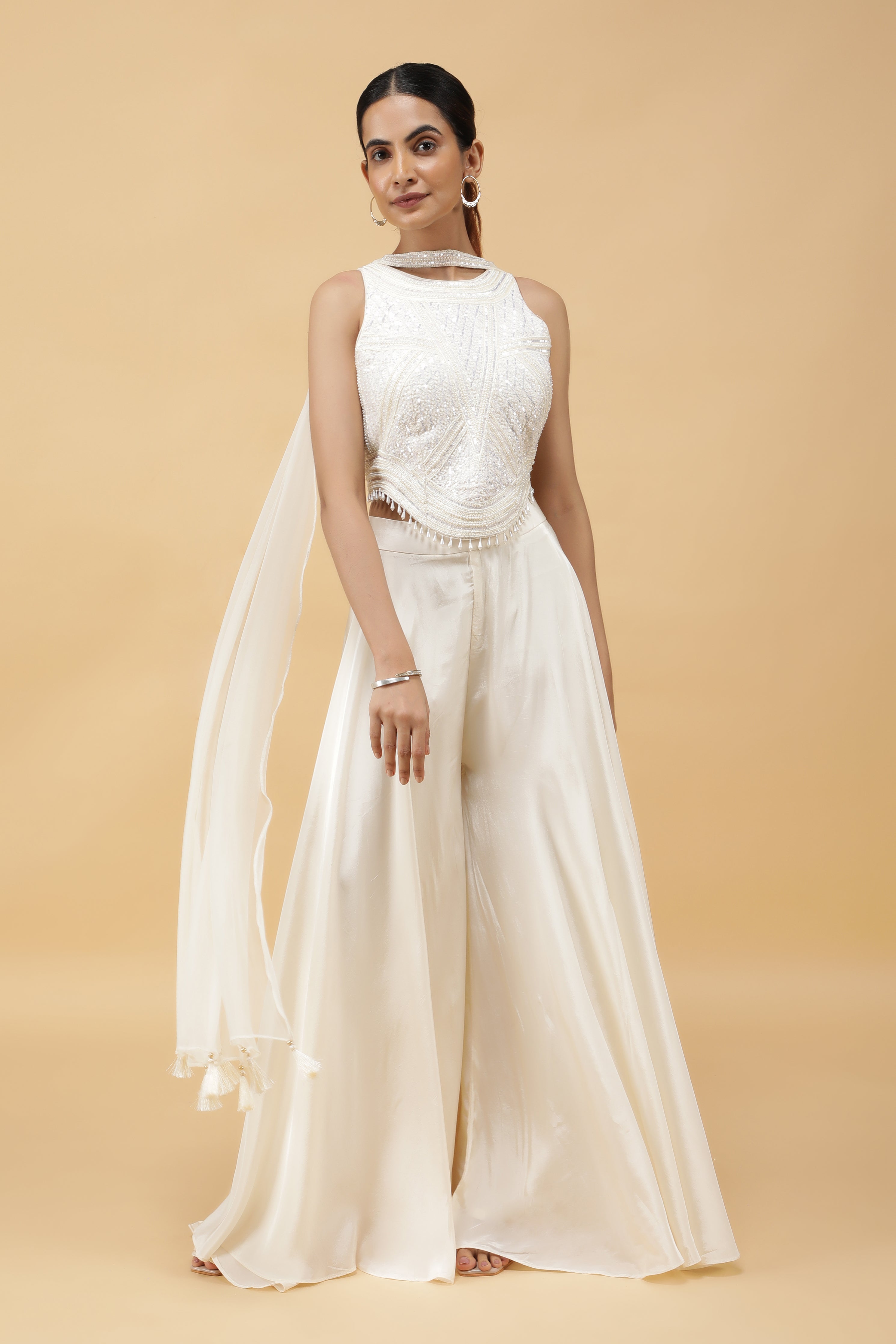 Ivory Prism Kutdana Embroidered Crop Top, Palazzo & Dupatta Set