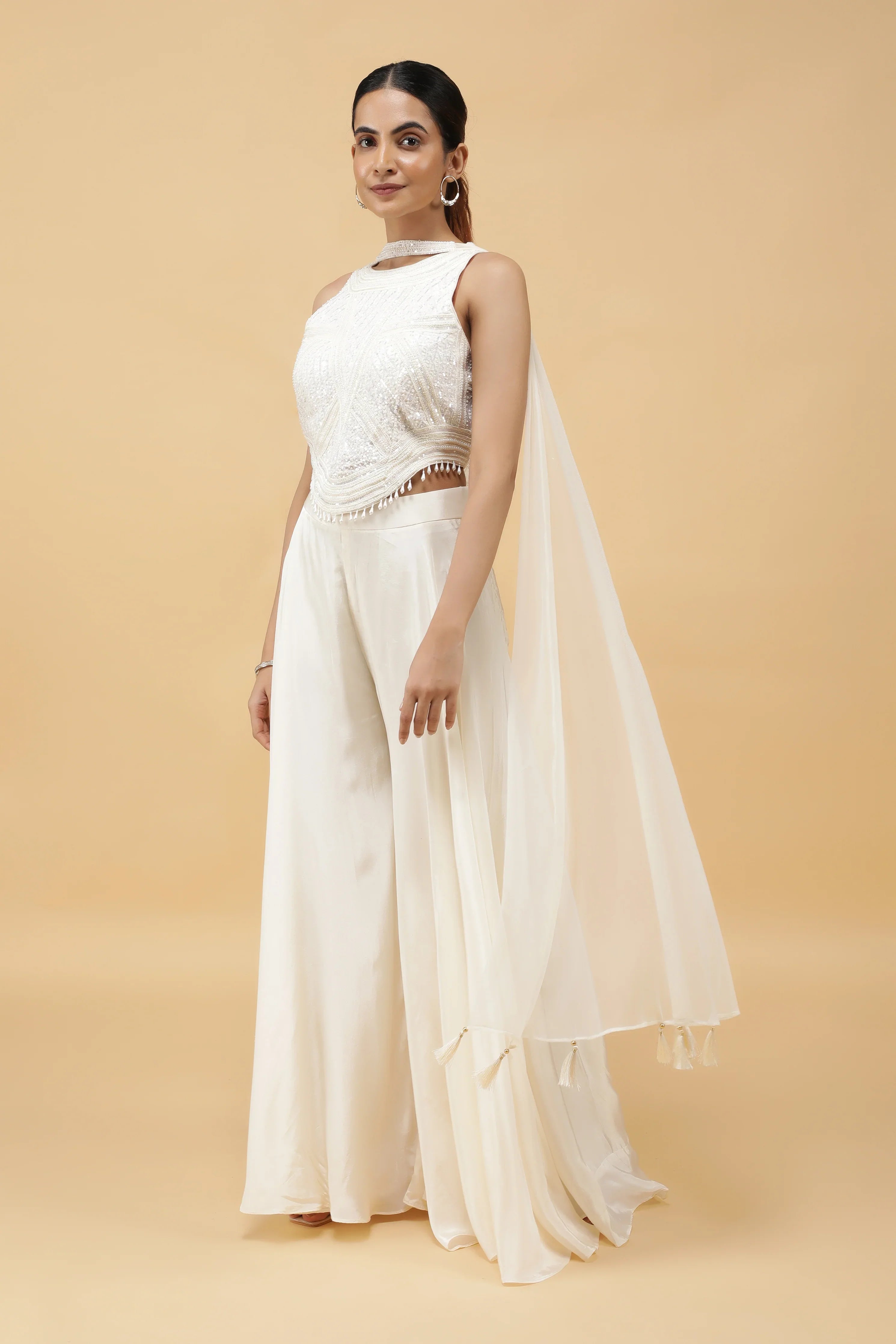 Ivory Prism Kutdana Embroidered Crop Top, Palazzo & Dupatta Set | Mokshaa