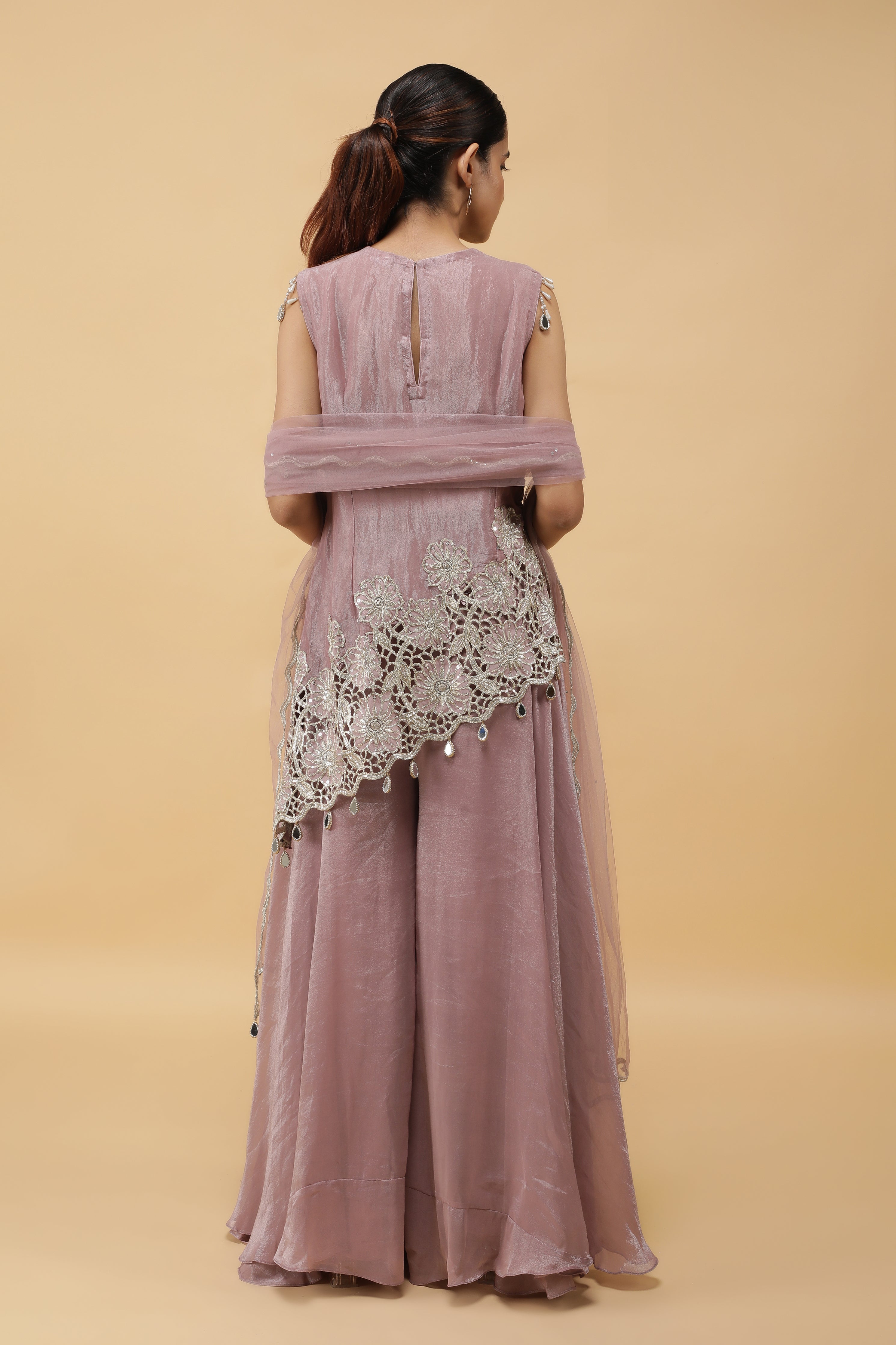 Lavender Lattice Zari Cutwork Top & Palazzo Set