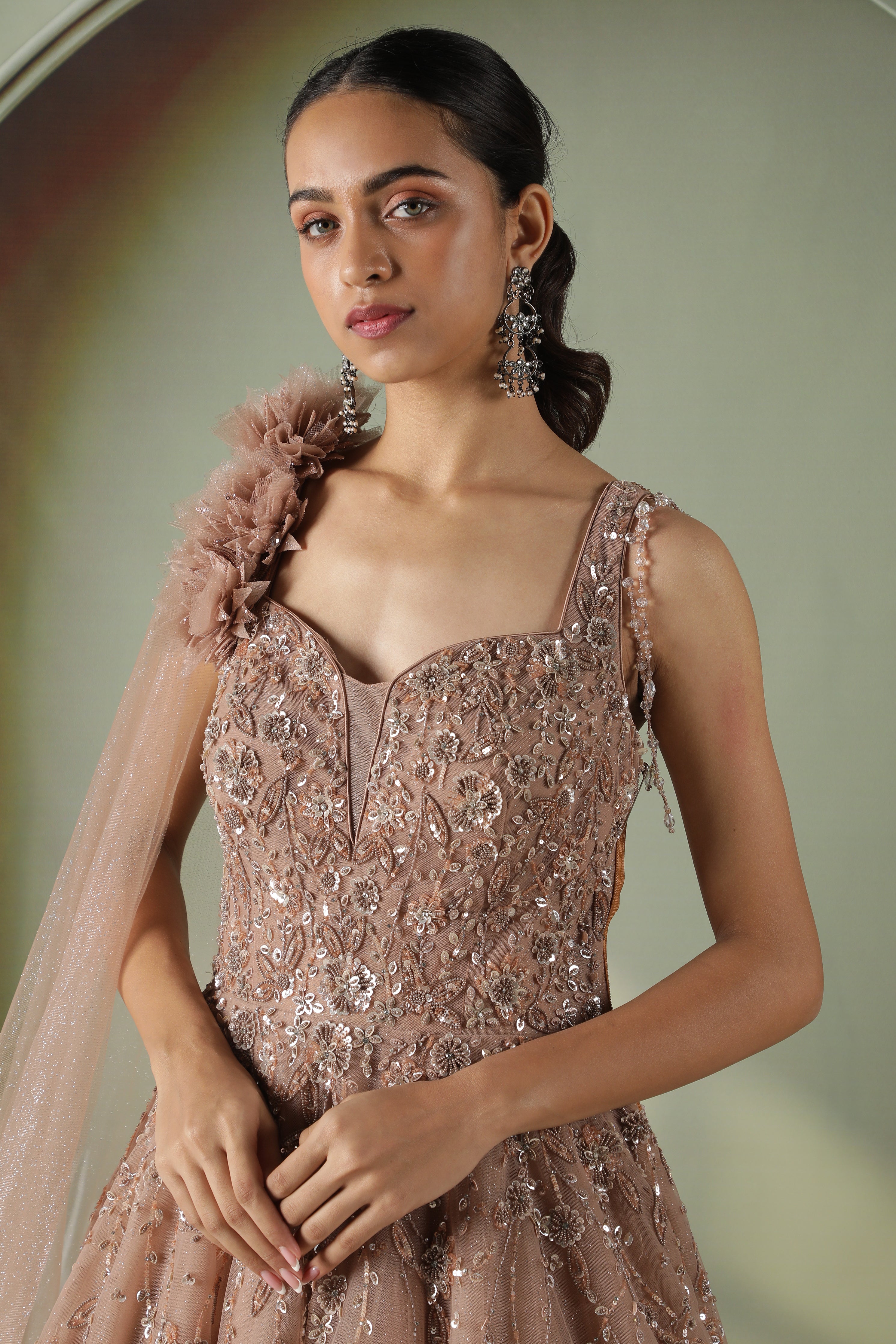 Dusty Peach Net Gown with Pearl and Sequin Embroidery