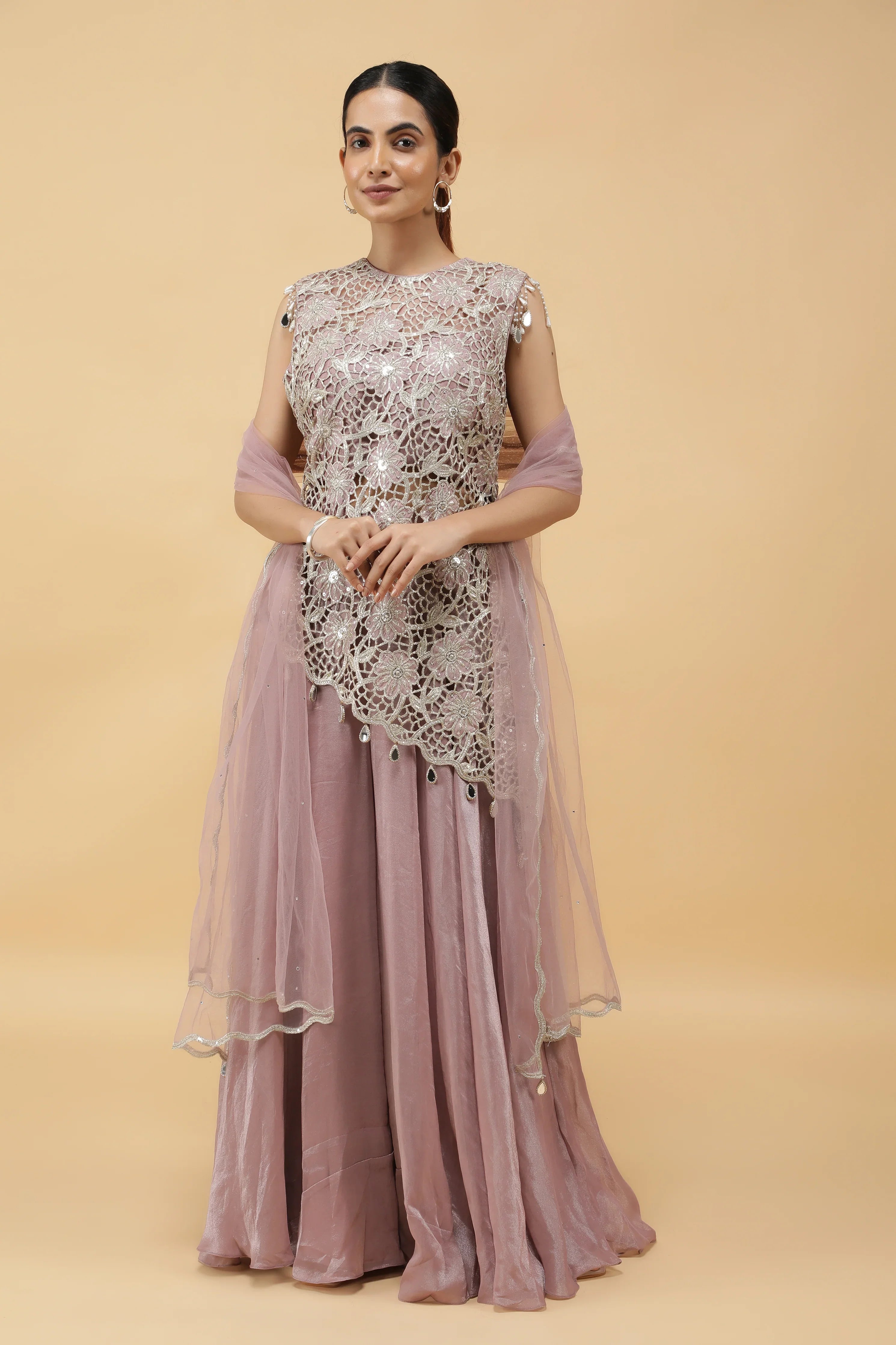 Lavender Lattice Zari Cutwork Top & Palazzo Set | Mokshaa