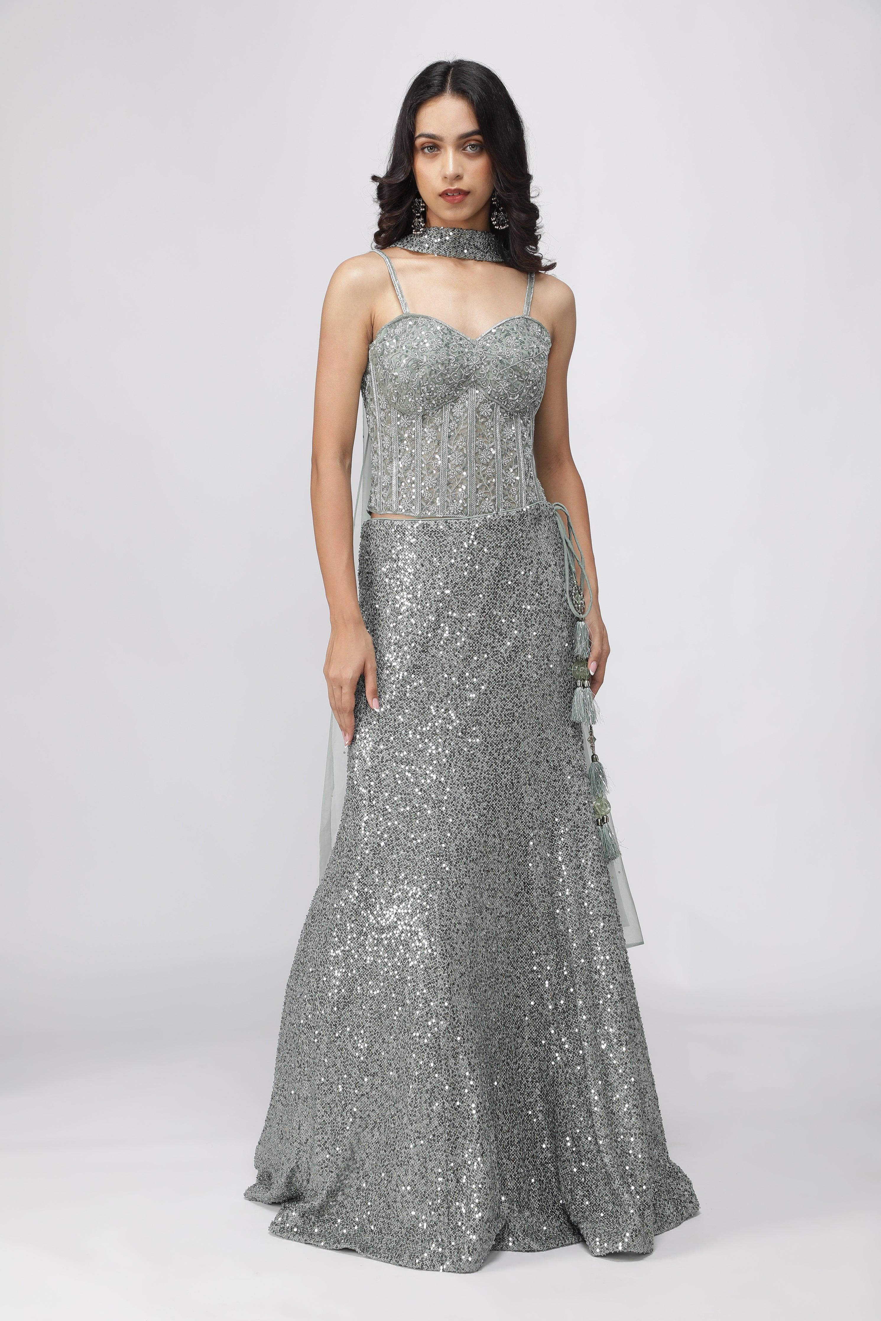 Mint Green Net Mermaid Cut Lehenga Set | Mokshaa