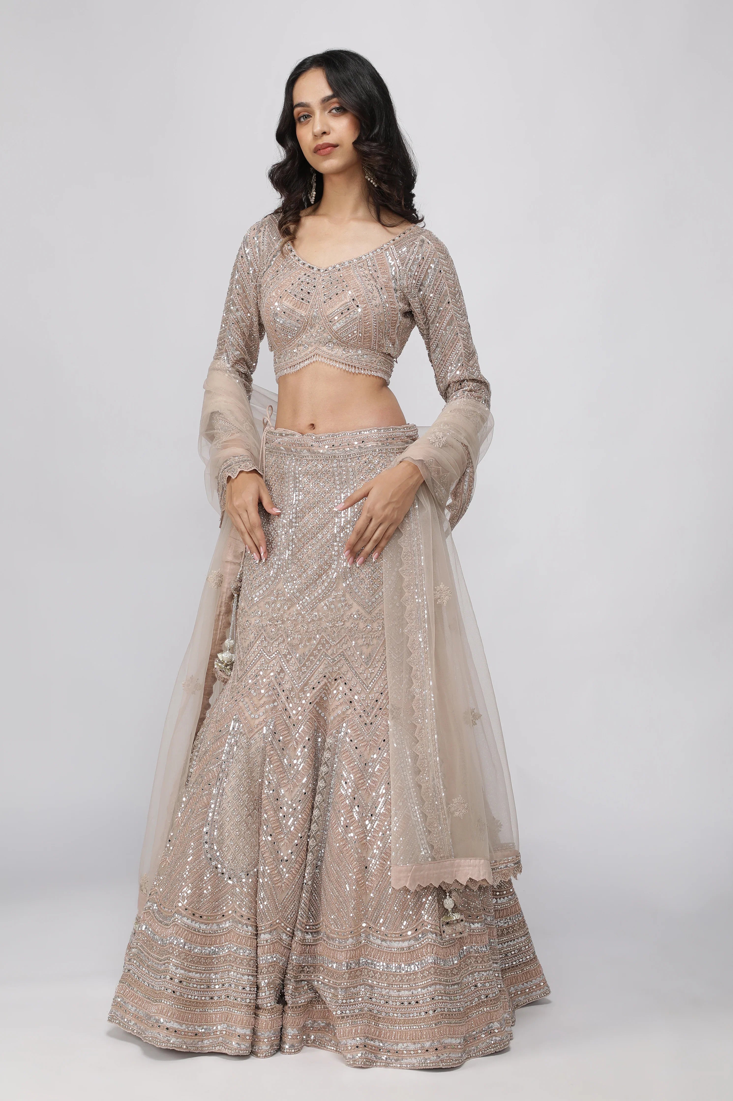 Embellished Champagne Beige Mermaid Lehenga set | Mokshaa