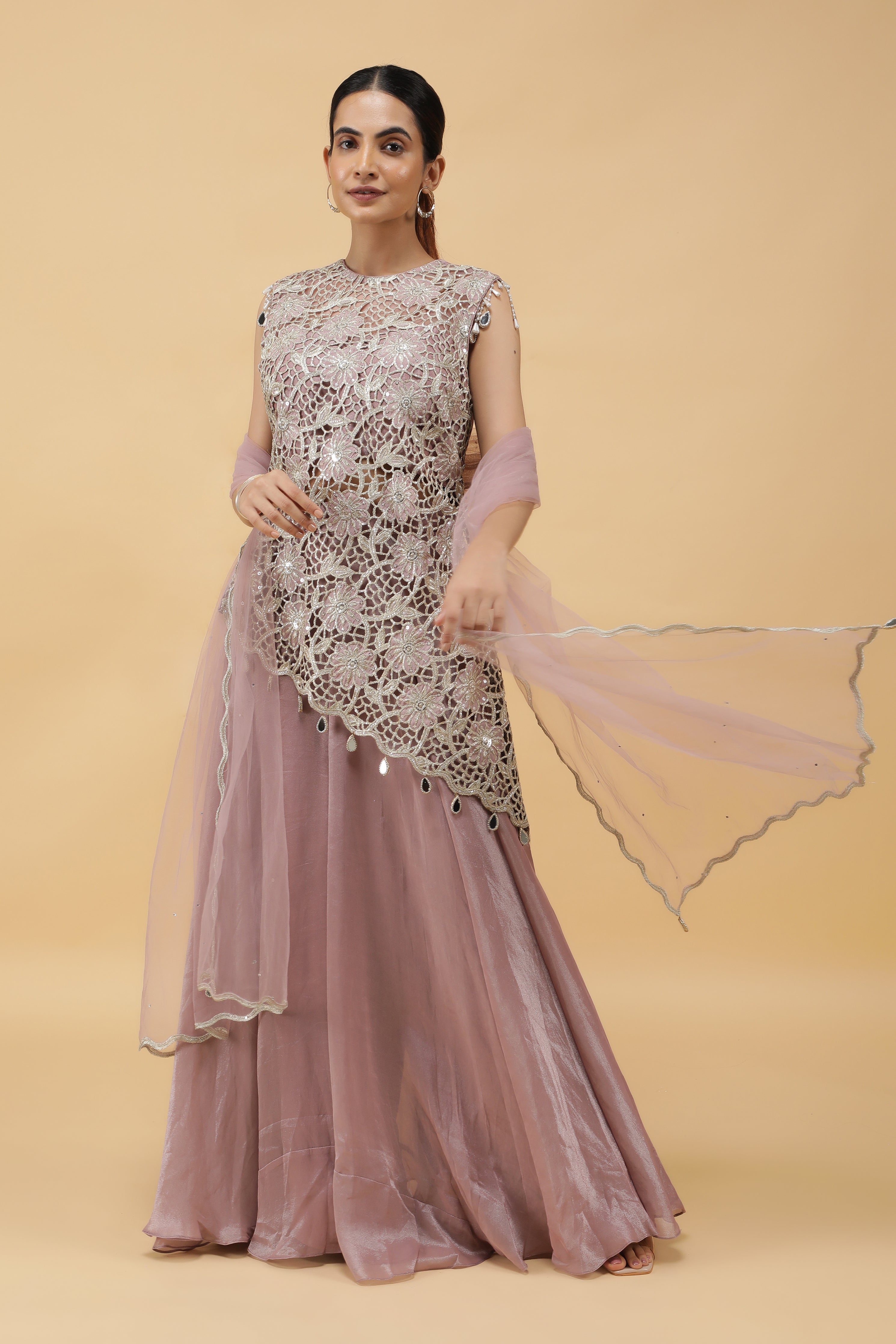Lavender Lattice Zari Cutwork Top & Palazzo Set