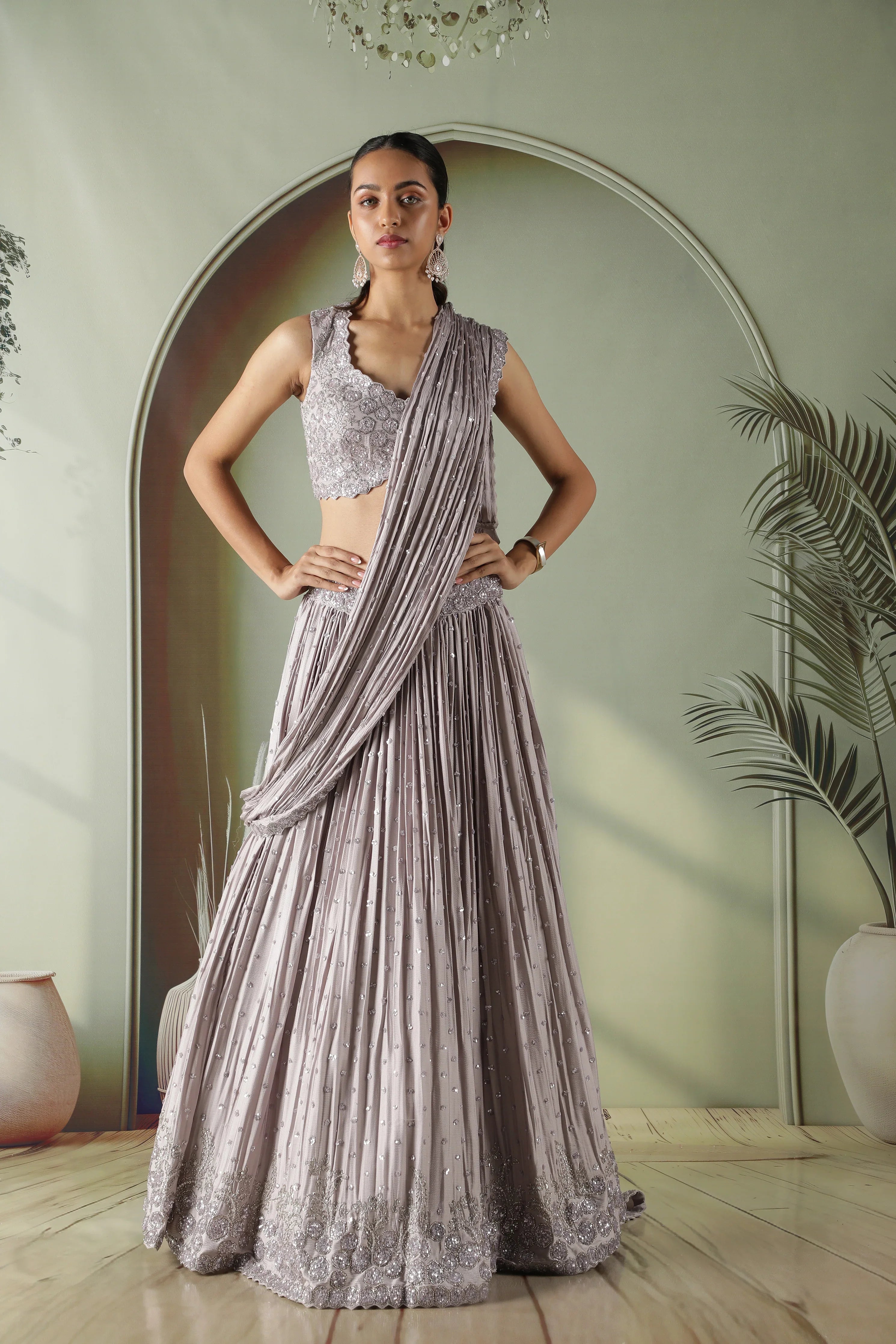 Lavender Silk Draped Lehenga Set | Mokshaa