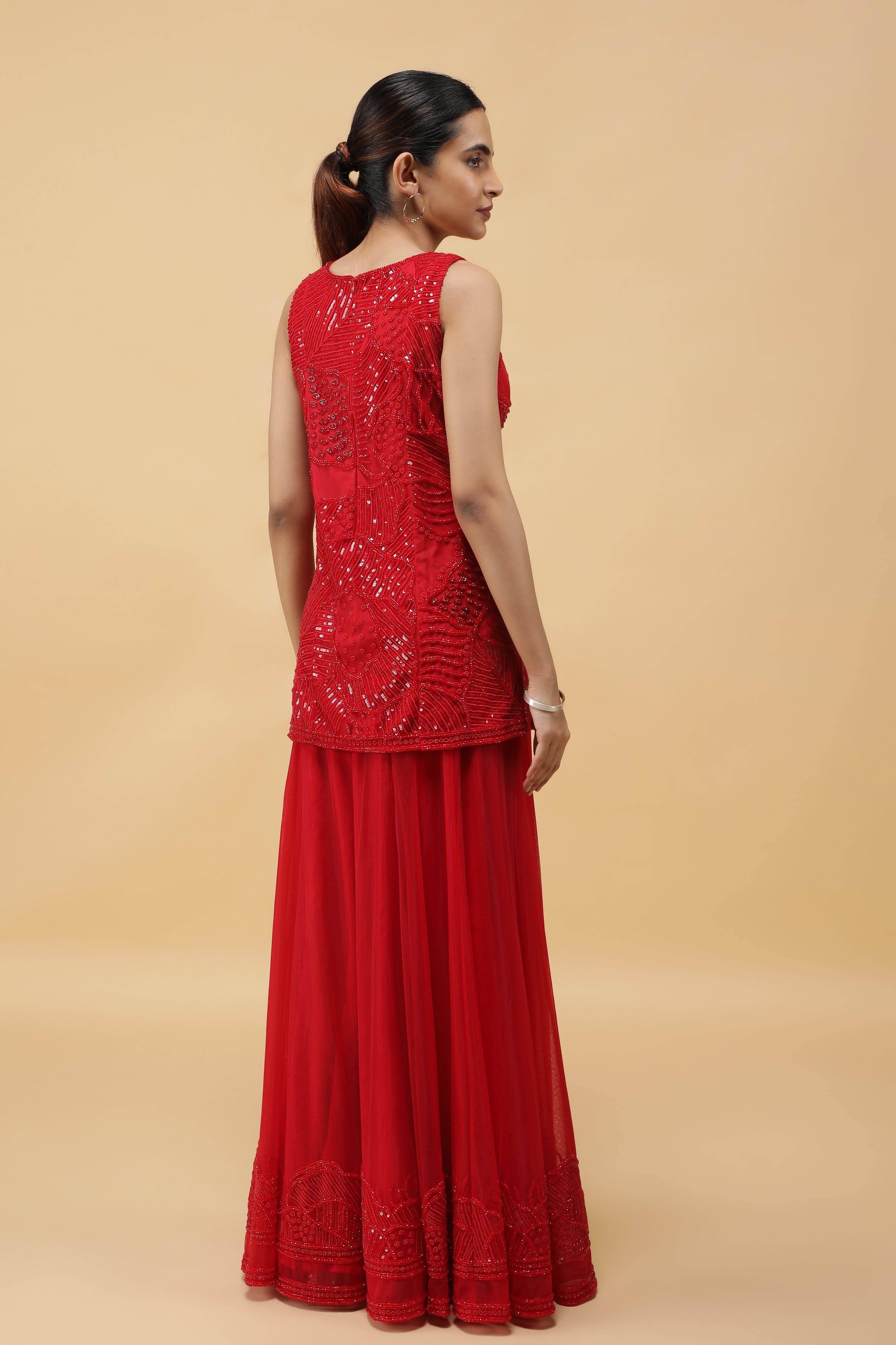Elegant Red Net Sharara Set with Sequins, Kutdana & Pearl Embroidery