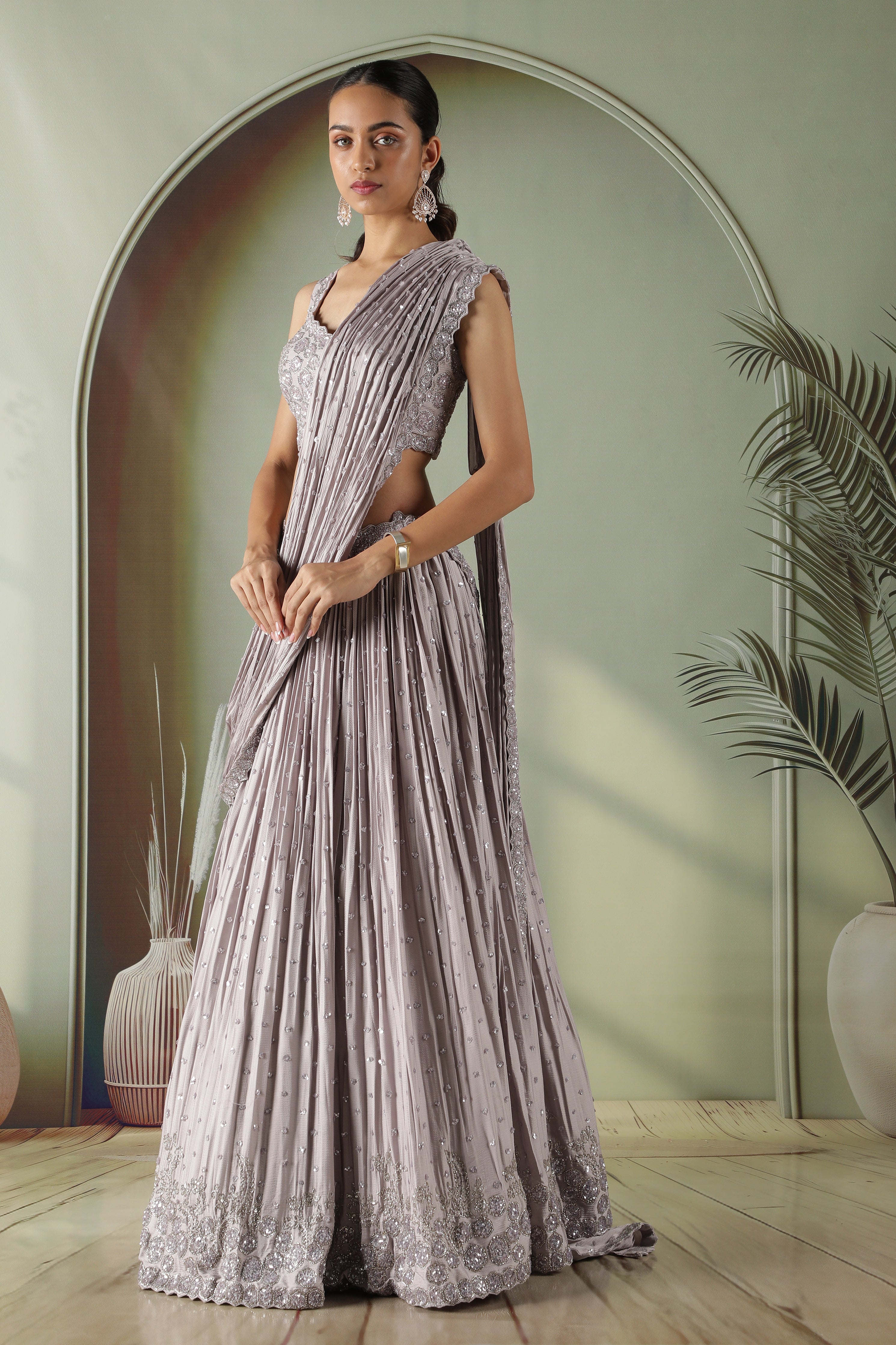 Lavender Silk Draped Lehenga Set