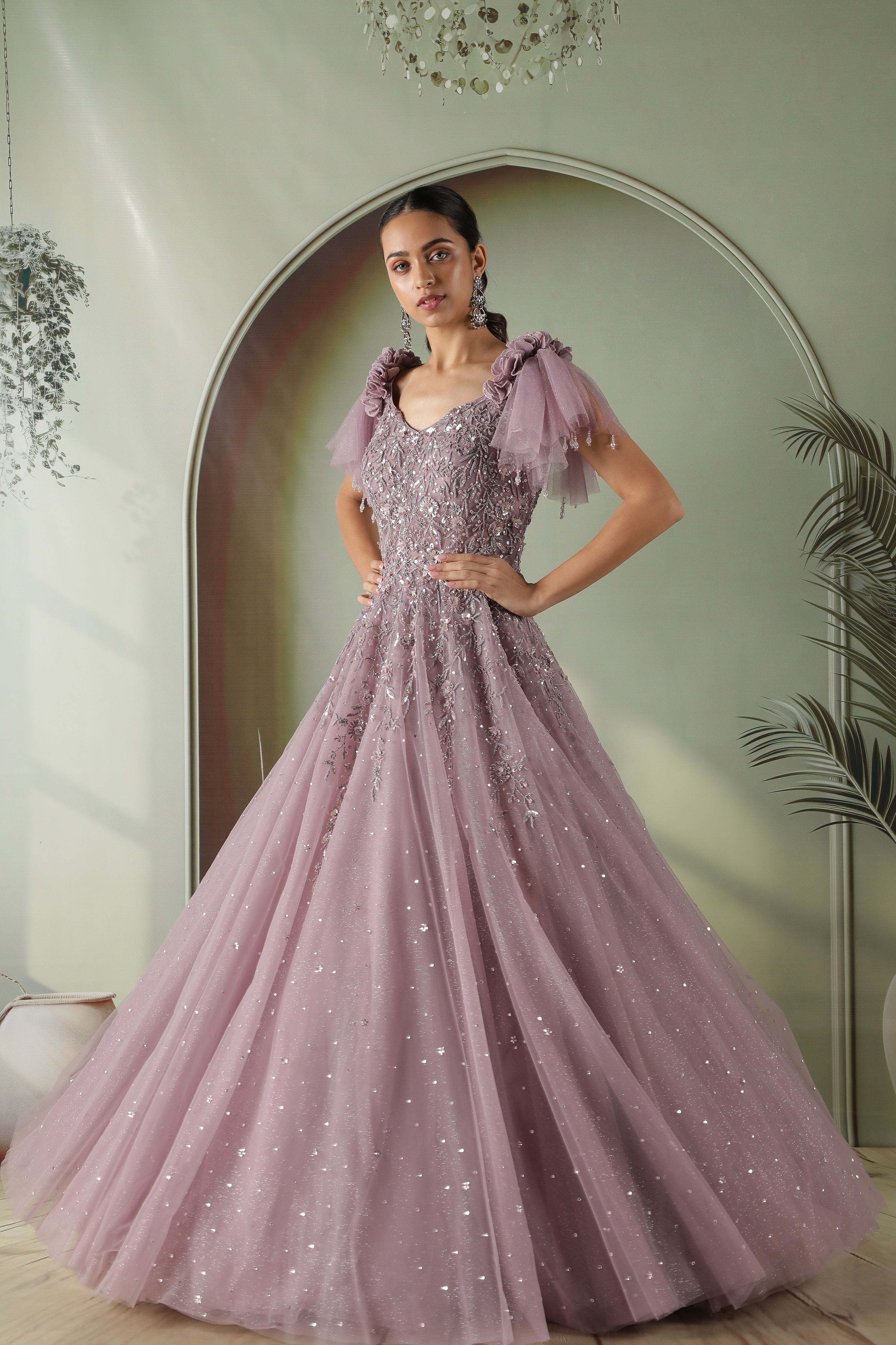 Lavender Net Gown with Sequin, Pearl & Floral Embroidery