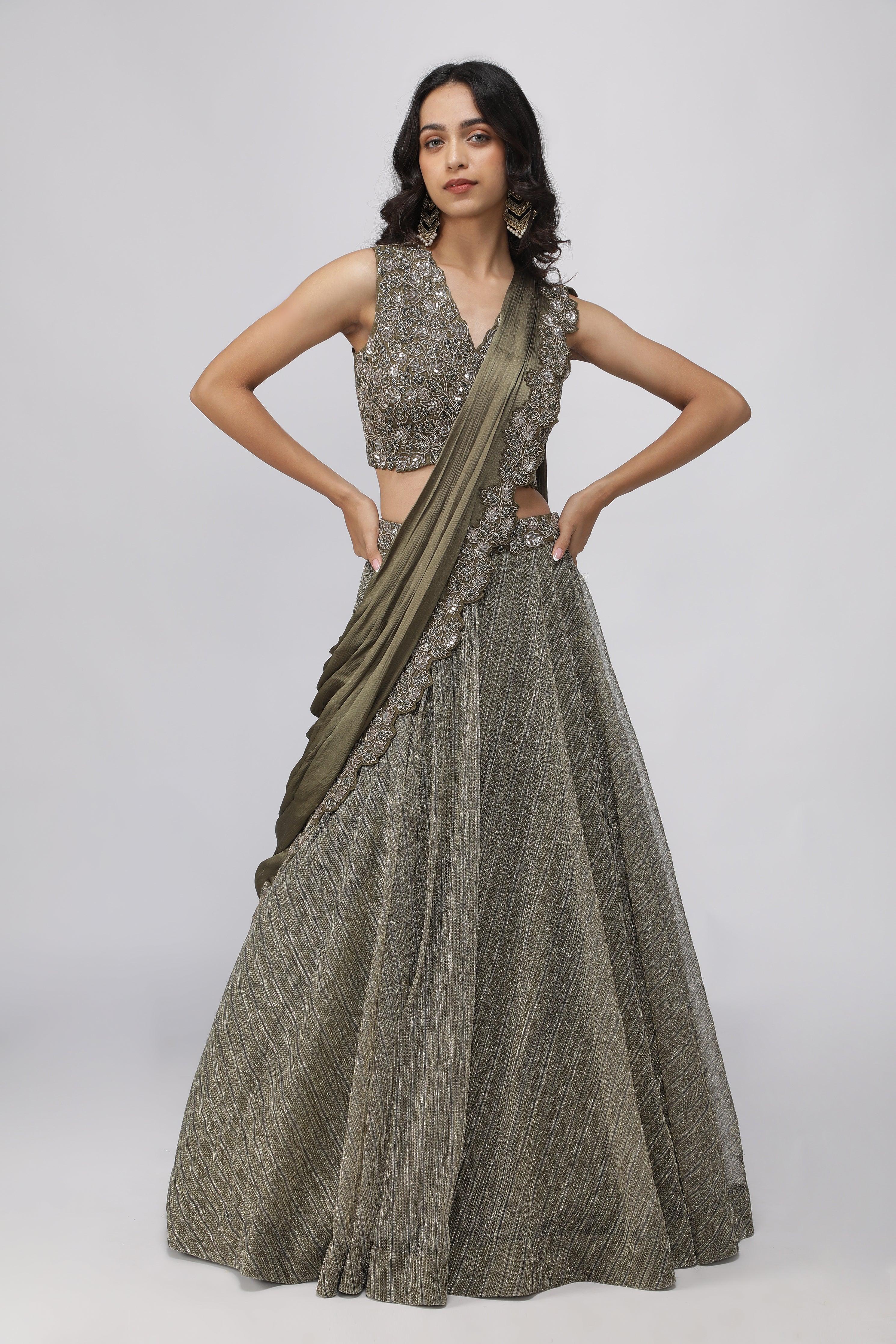 Olive Green Embroidered Lehenga set | Mokshaa