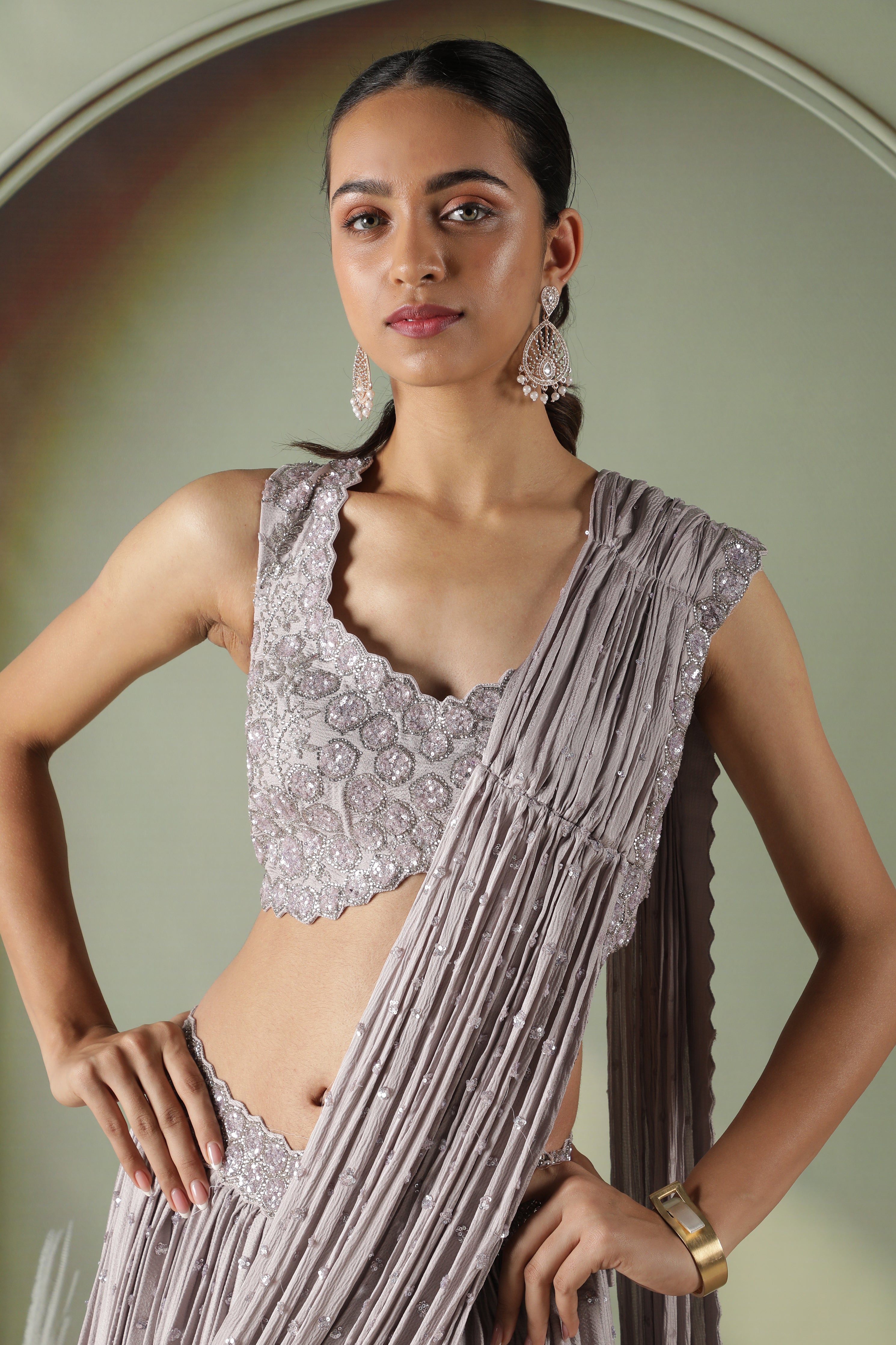 Lavender Silk Draped Lehenga Set