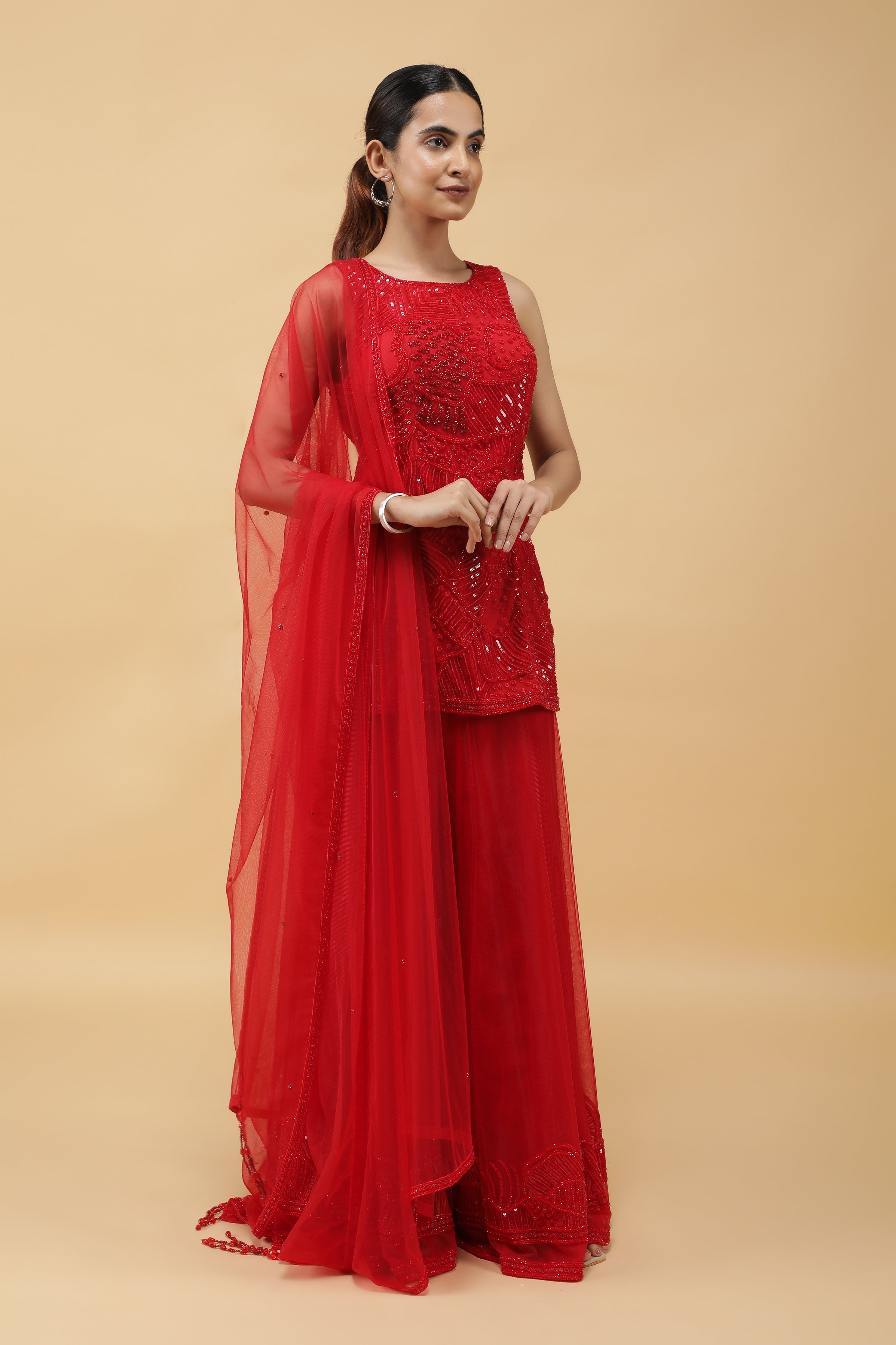 Elegant Red Net Sharara Set with Sequins, Kutdana & Pearl Embroidery