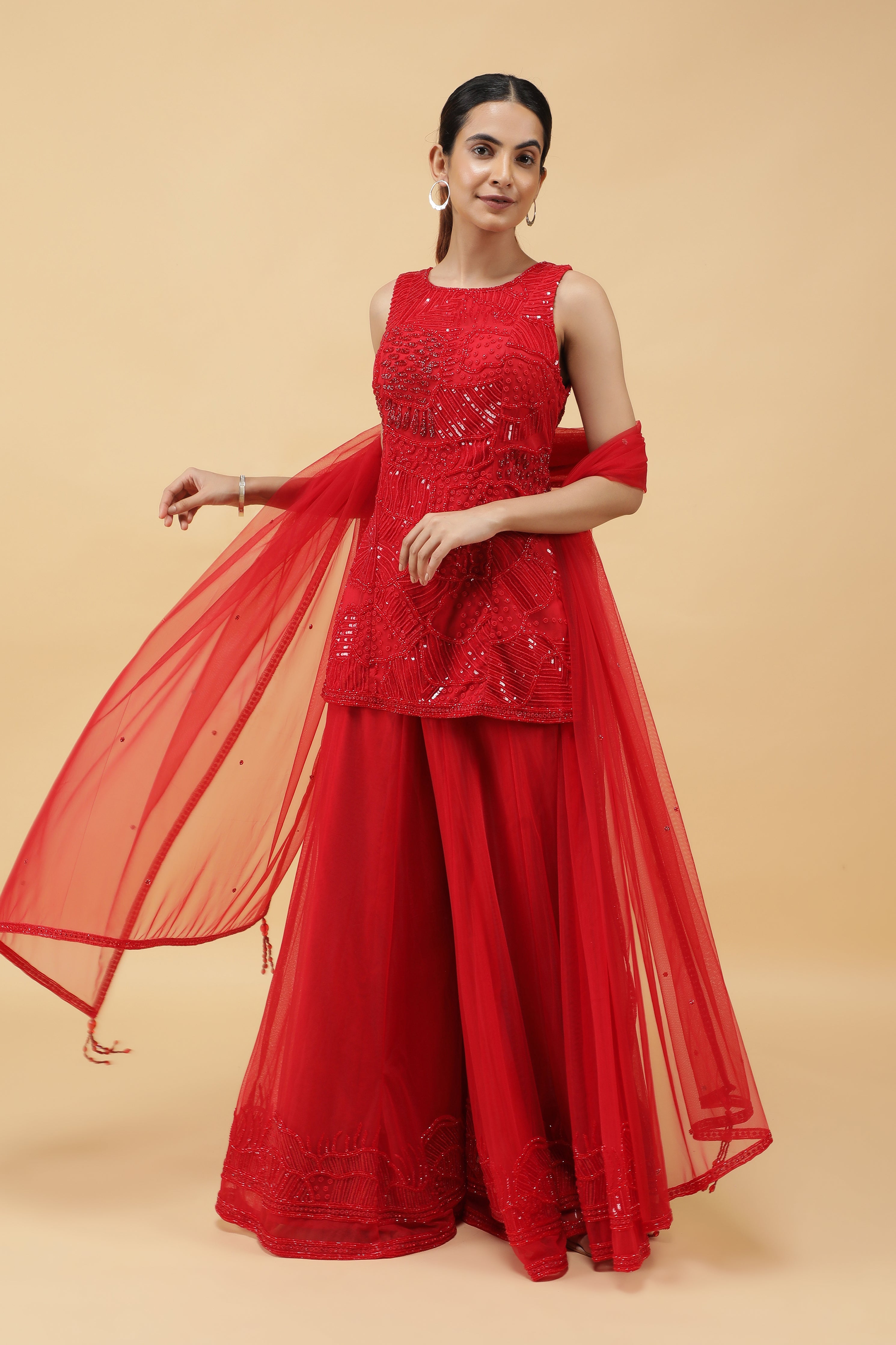 Elegant Red Net Sharara Set with Sequins, Kutdana & Pearl Embroidery