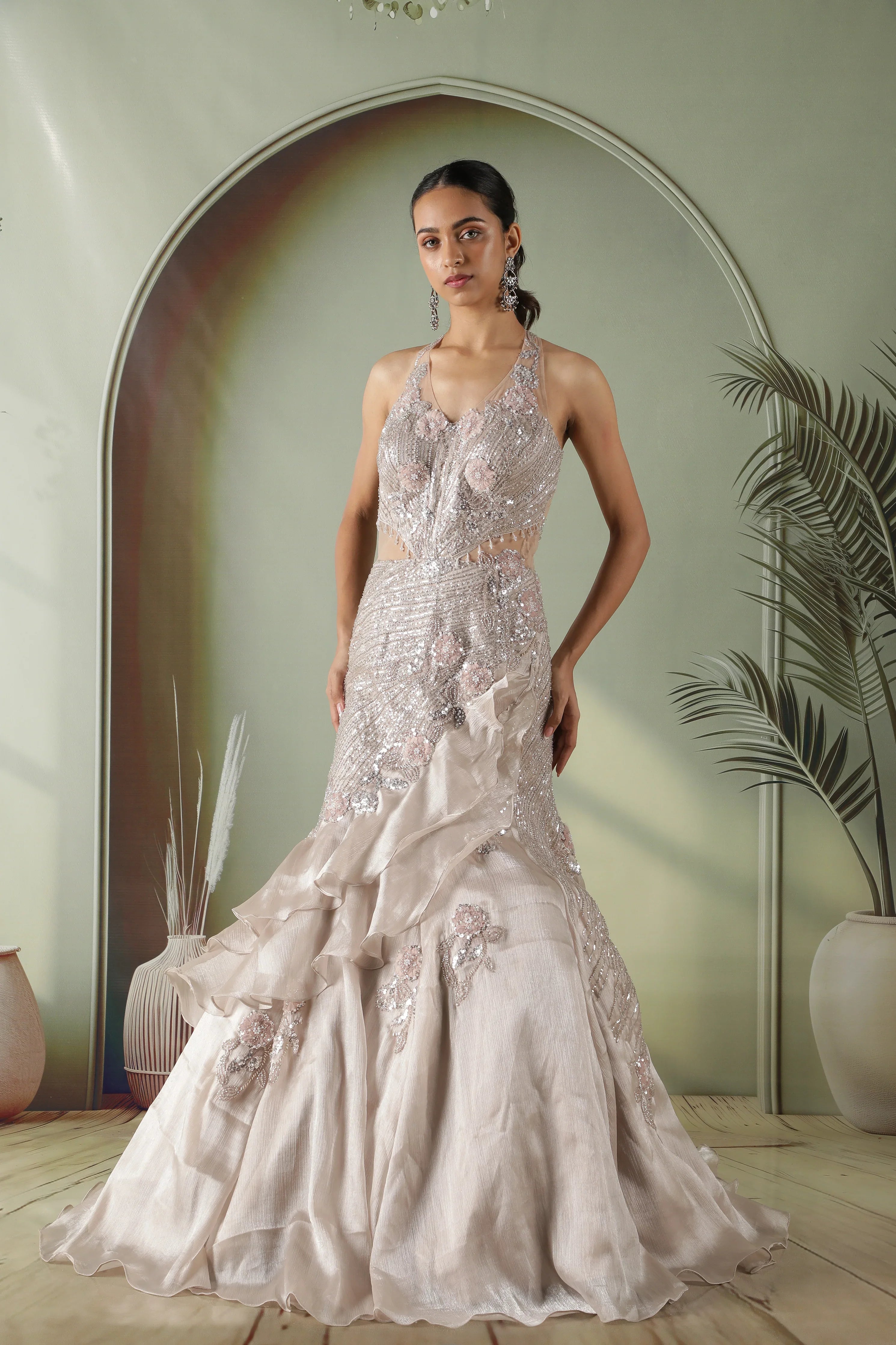 Champagne Grey Crushed Tissue Mermaid Gown with Sequins & Floral Appliqué | Mokshaa